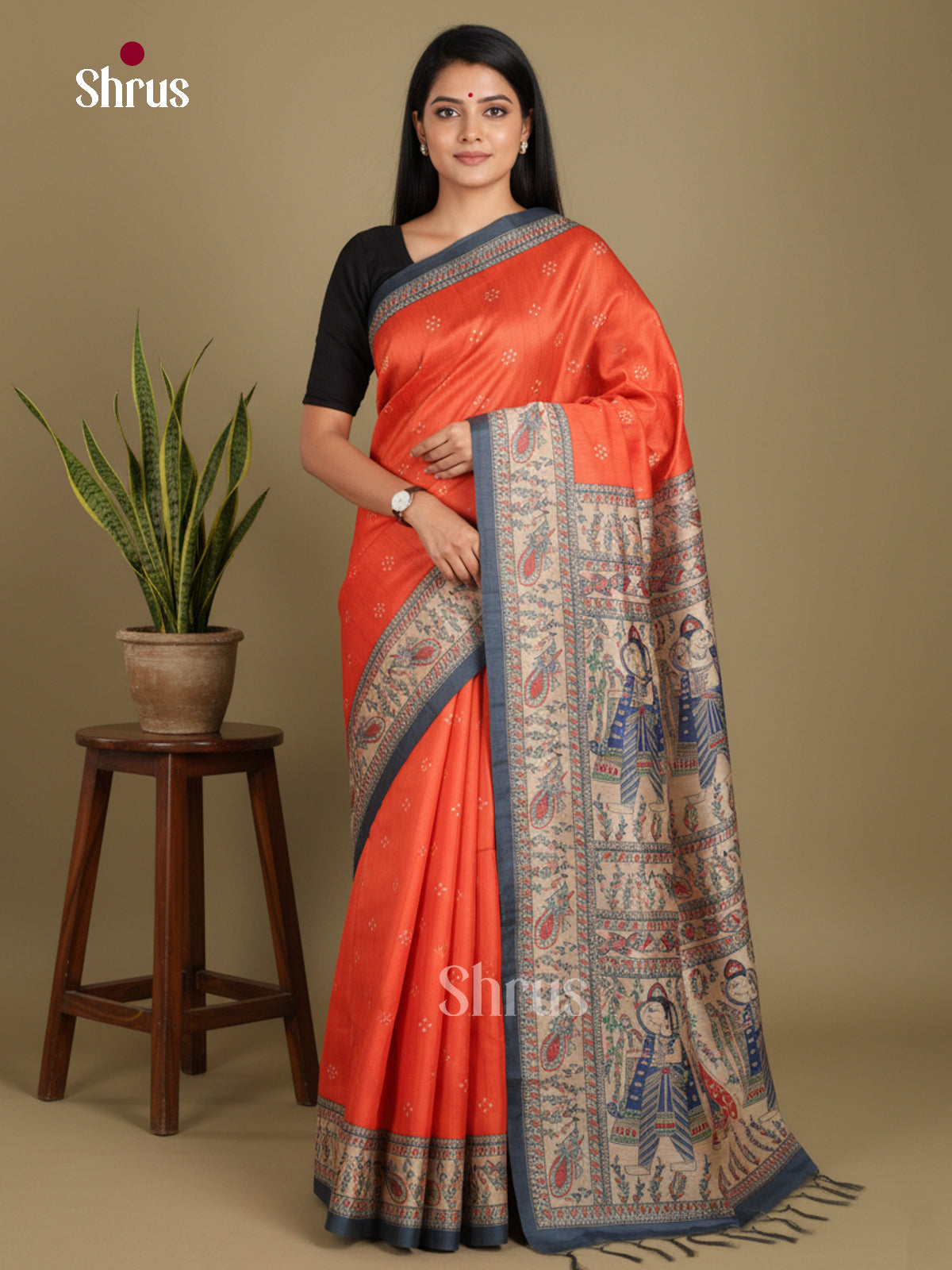 Orange & Blue- Printed Madhubani Saree