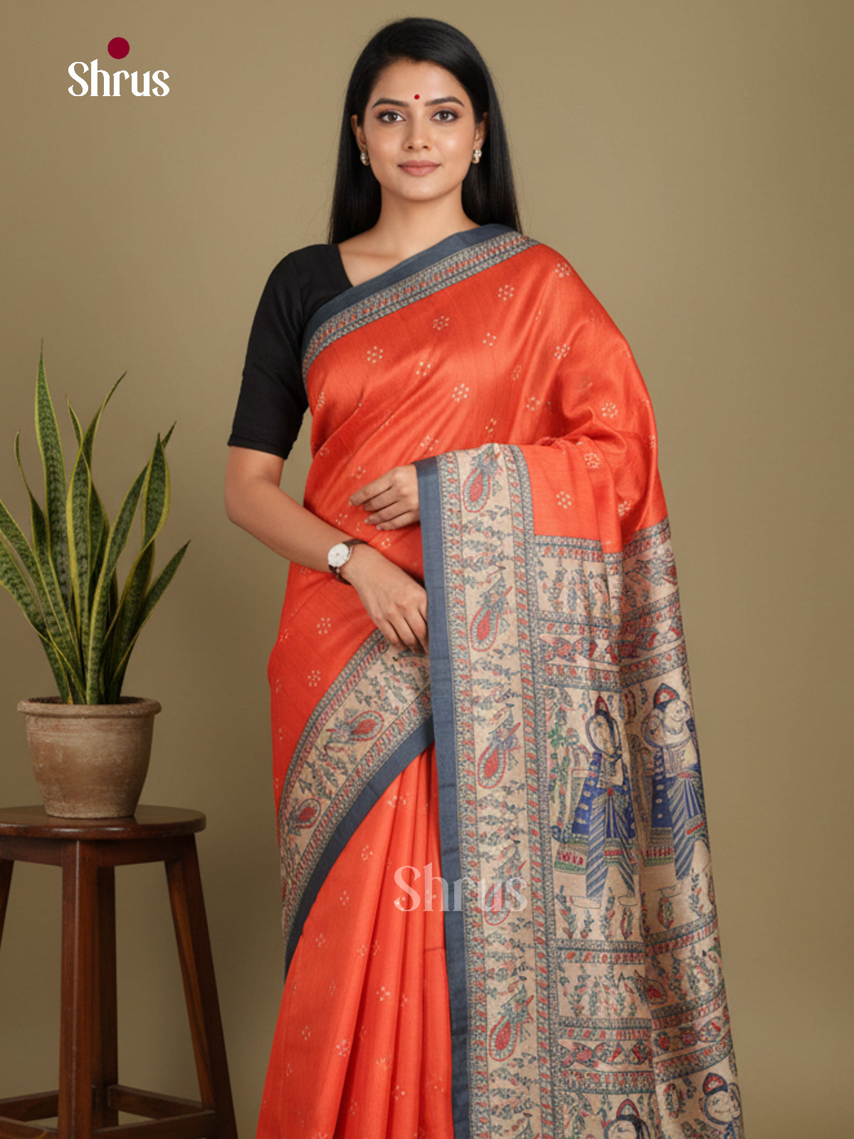 Orange & Blue- Printed Madhubani Saree