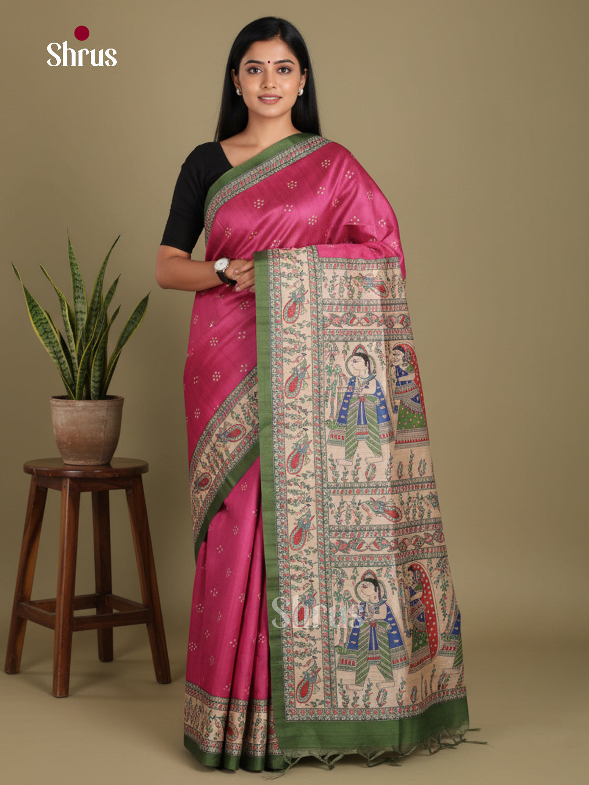 Pink & Green - Printed Madhubani Saree