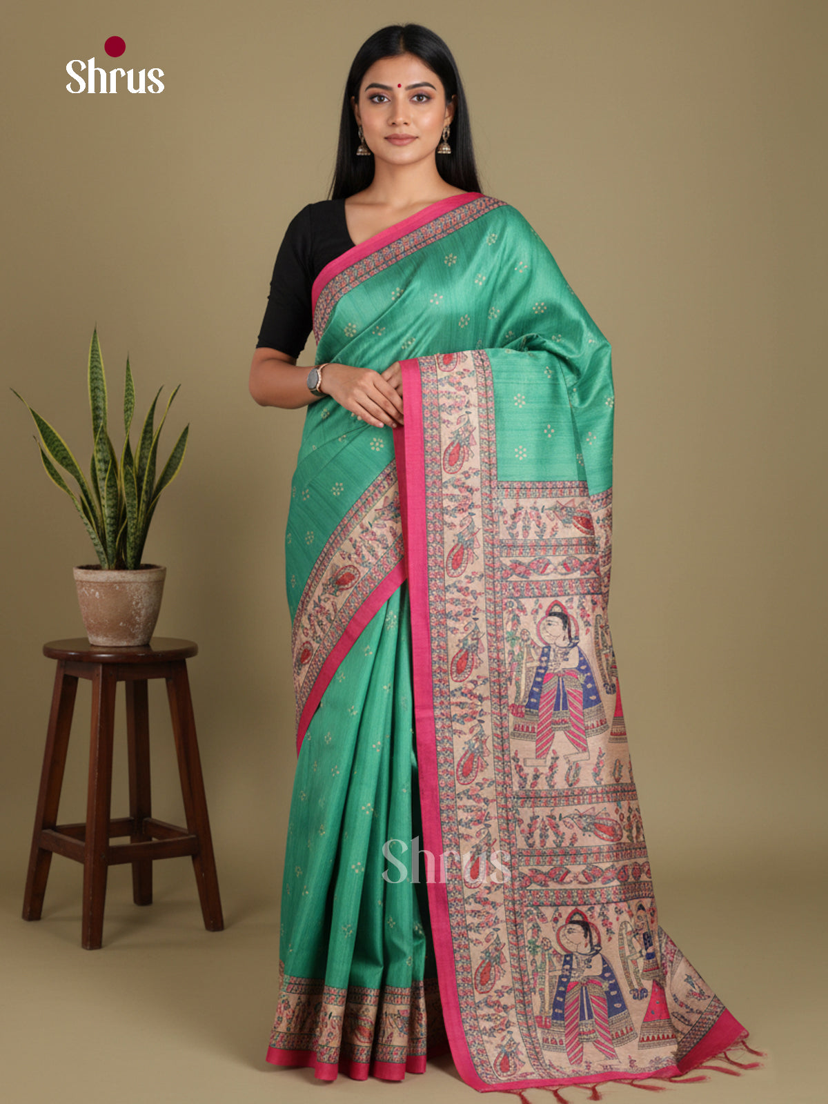 Green & Red- Printed Madhubani Saree