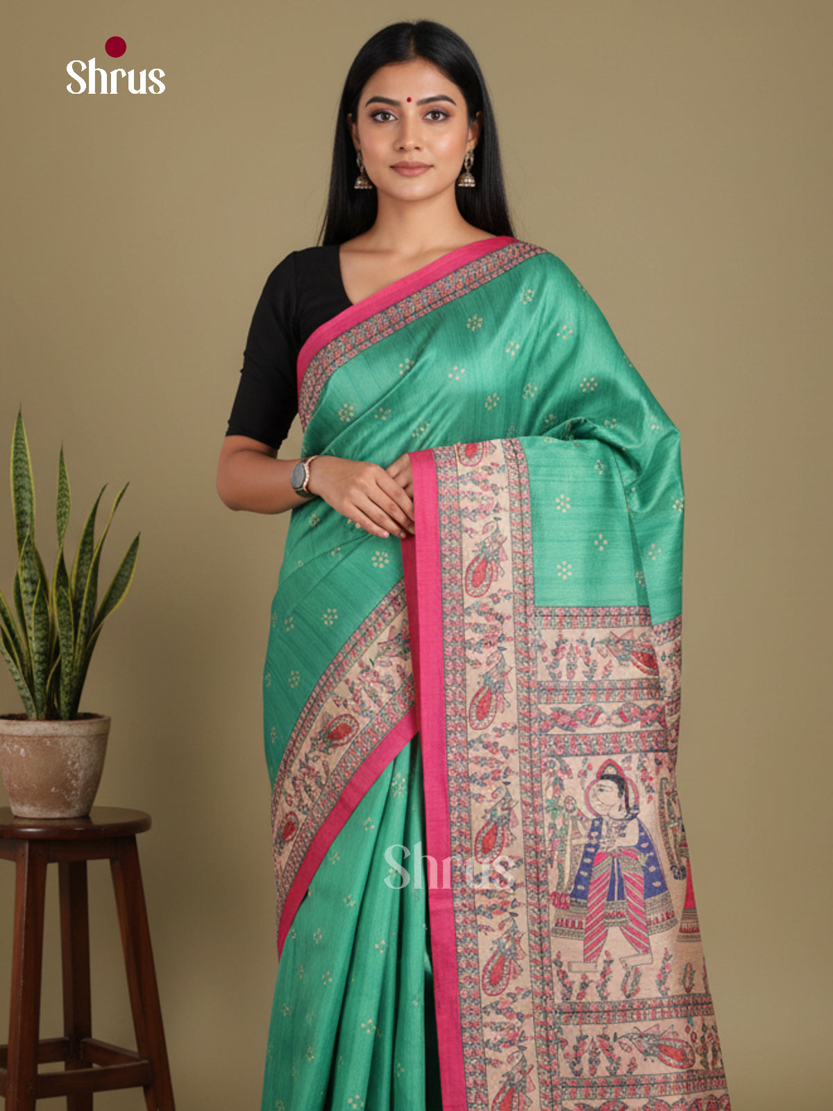 Green & Red- Printed Madhubani Saree