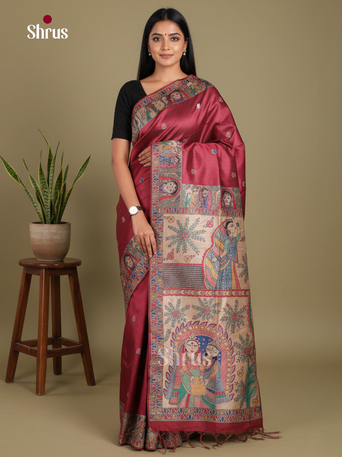 Maroon - Printed Madhubani Saree