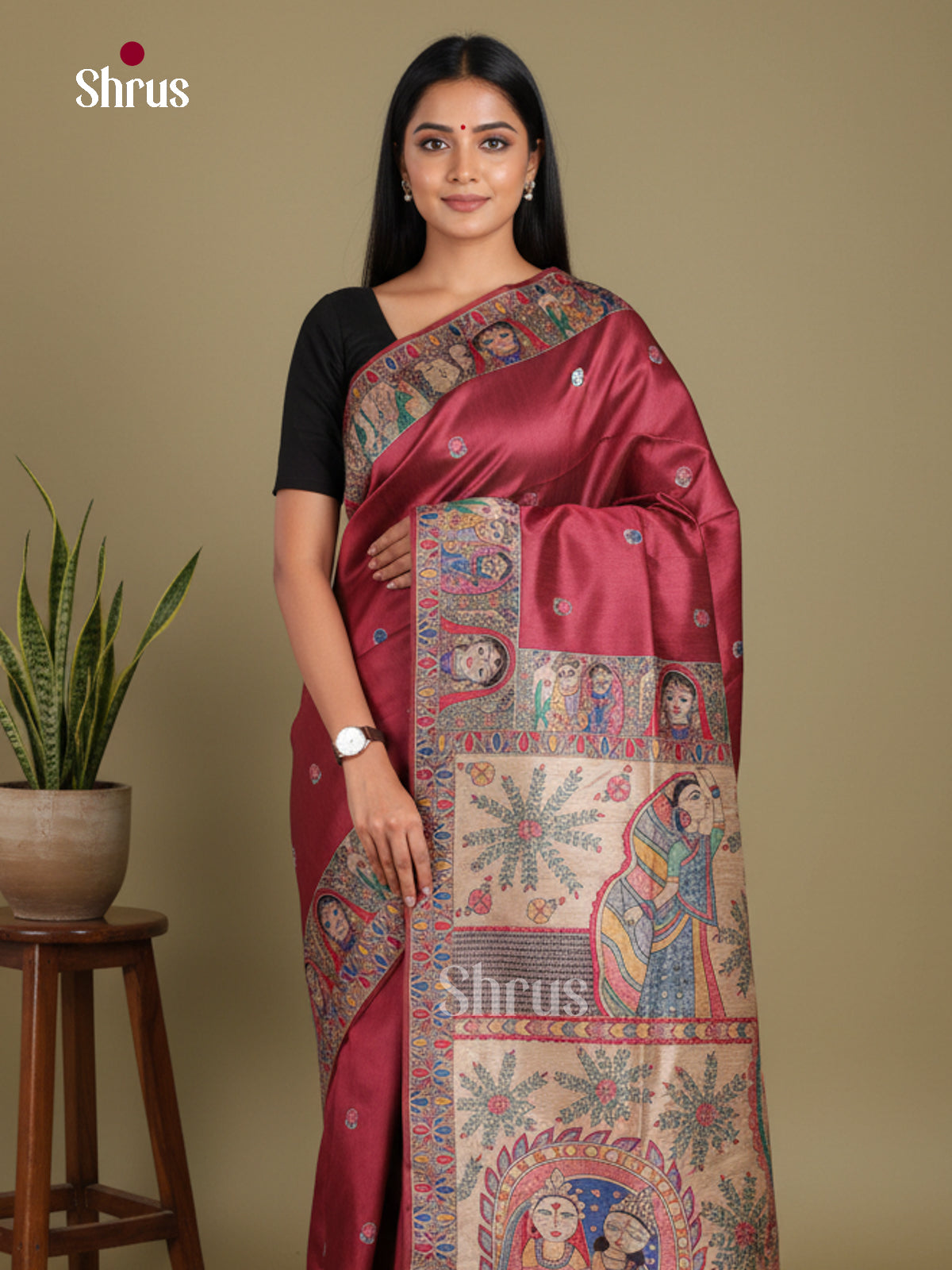 Maroon - Printed Madhubani Saree