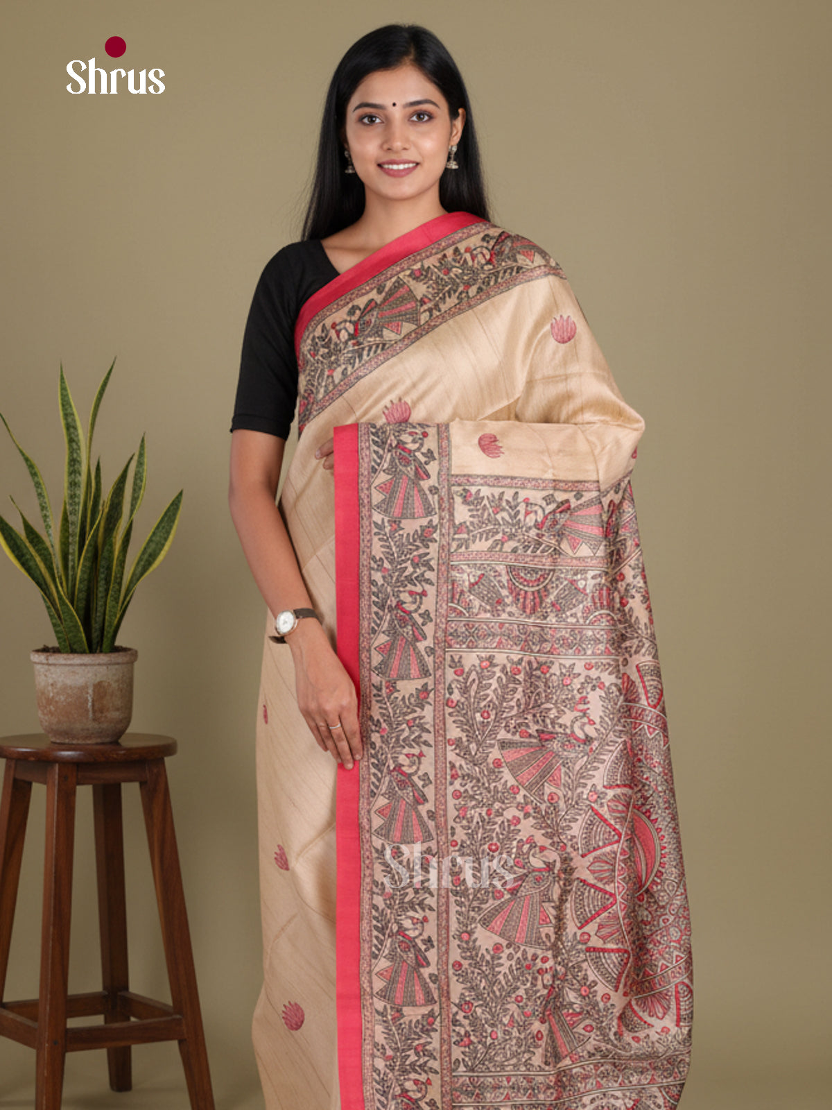 Cream & Red - Printed Madhubani Saree