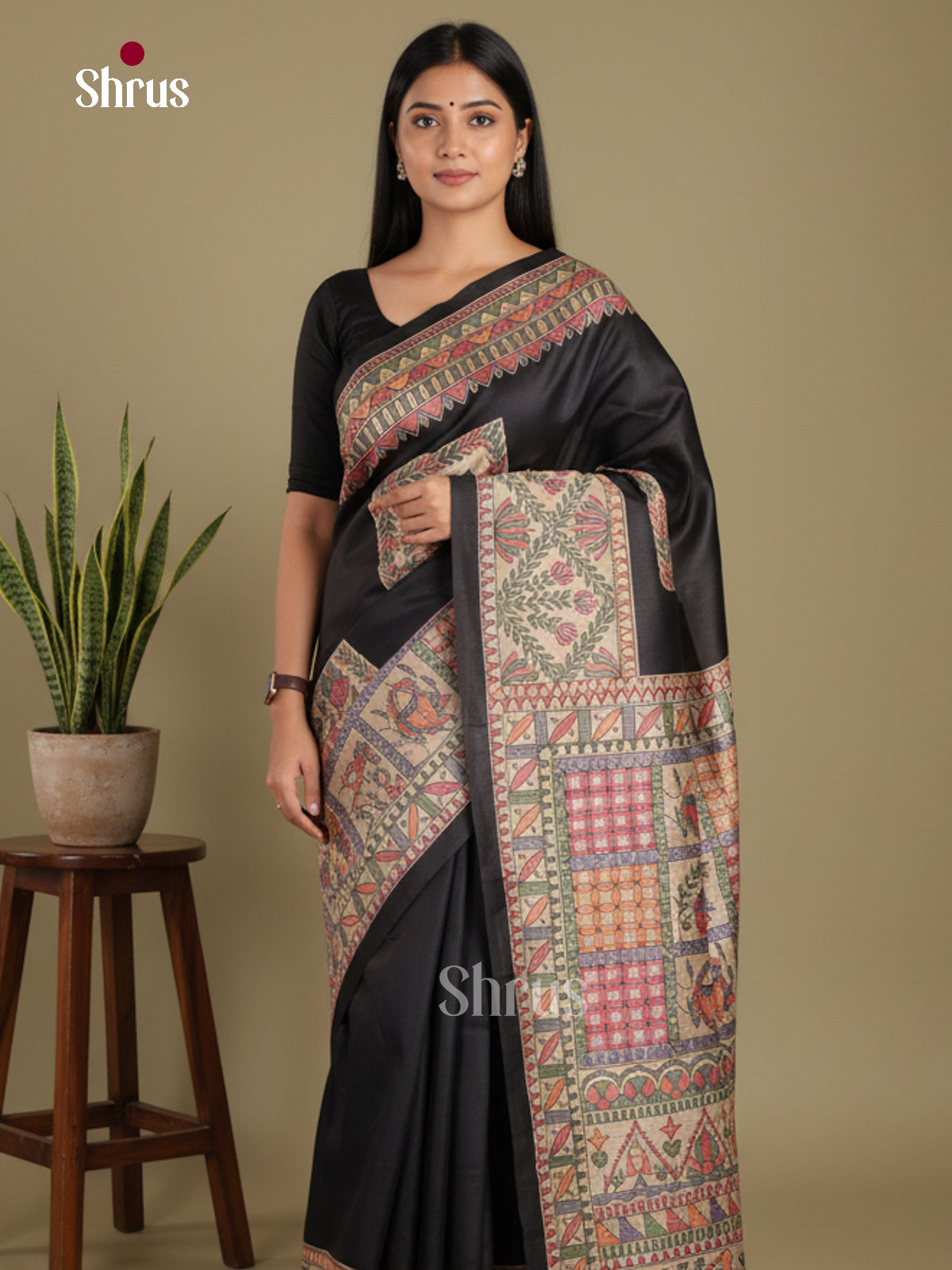 Black - Printed Madhubani Saree