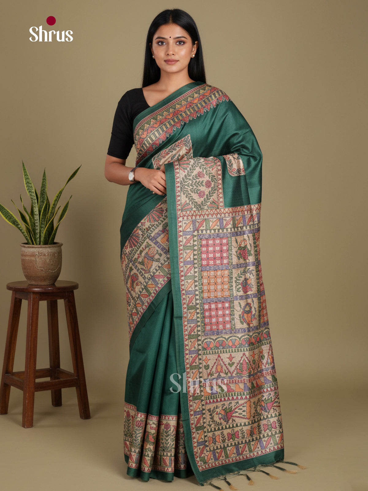 Green - Printed Madhubani Saree