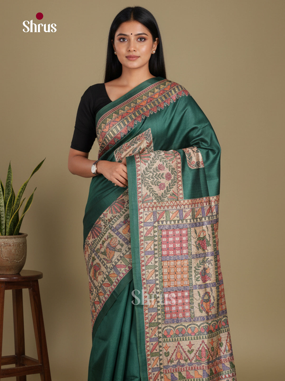Green - Printed Madhubani Saree