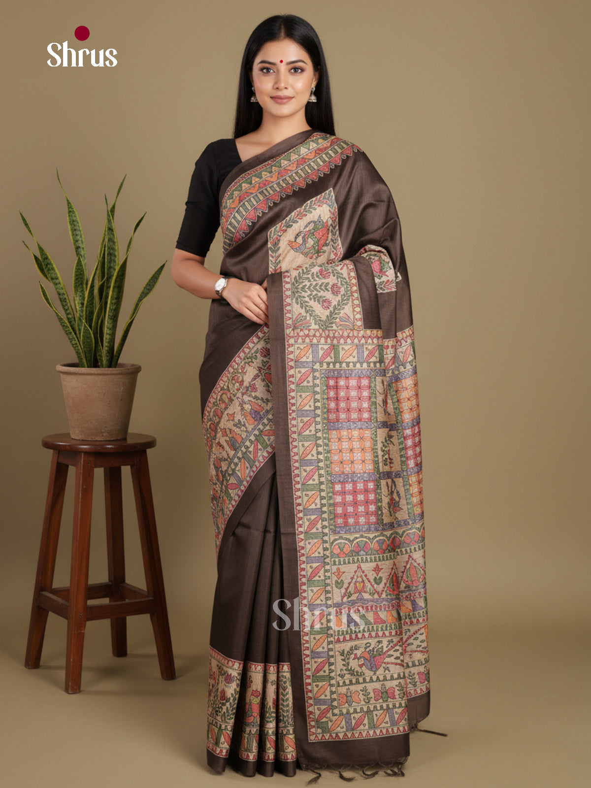 Brown - Printed Madhubani Saree
