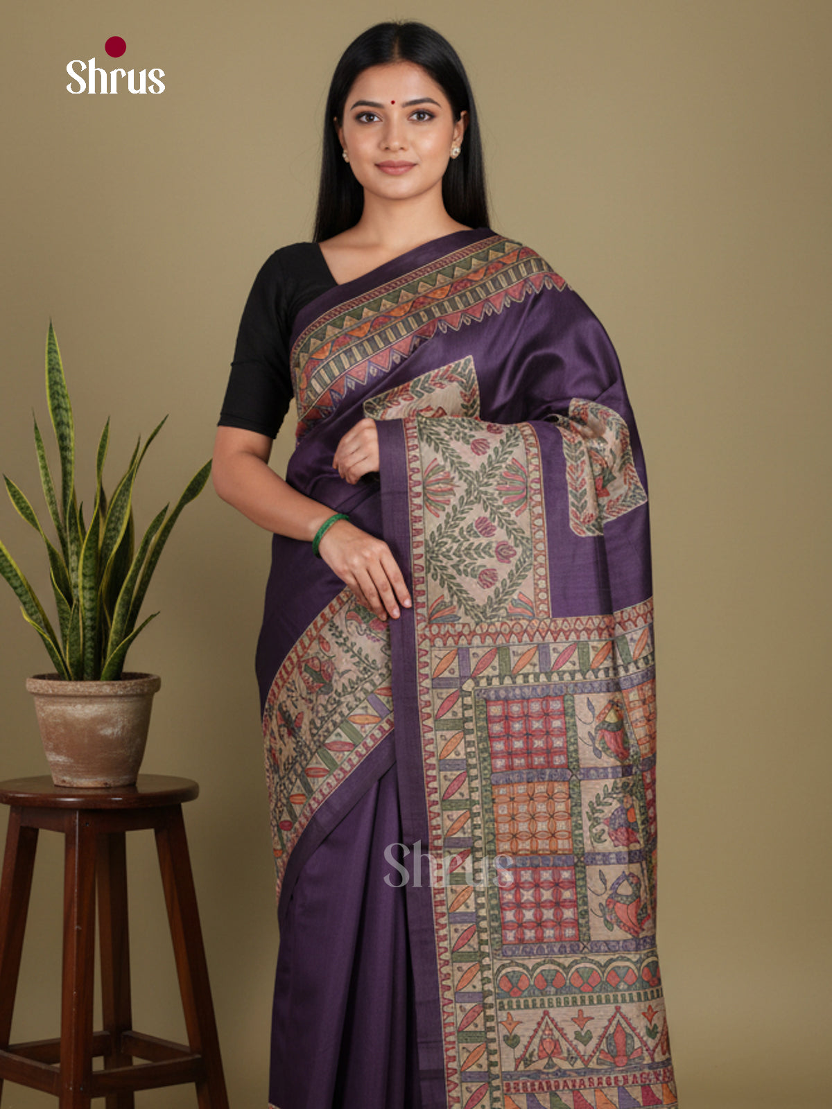 Violet - Printed Madhubani Saree