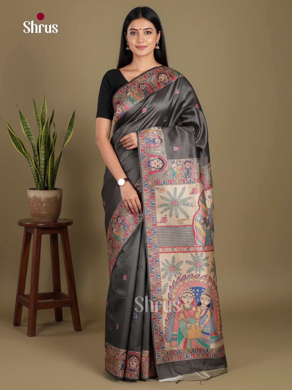 Black - Printed Madhubani Saree