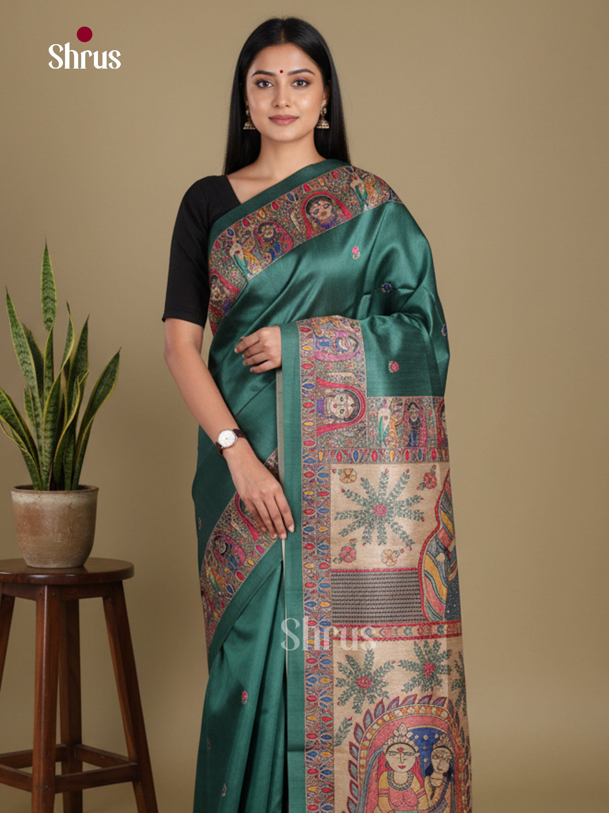 Green - Printed Madhubani Saree