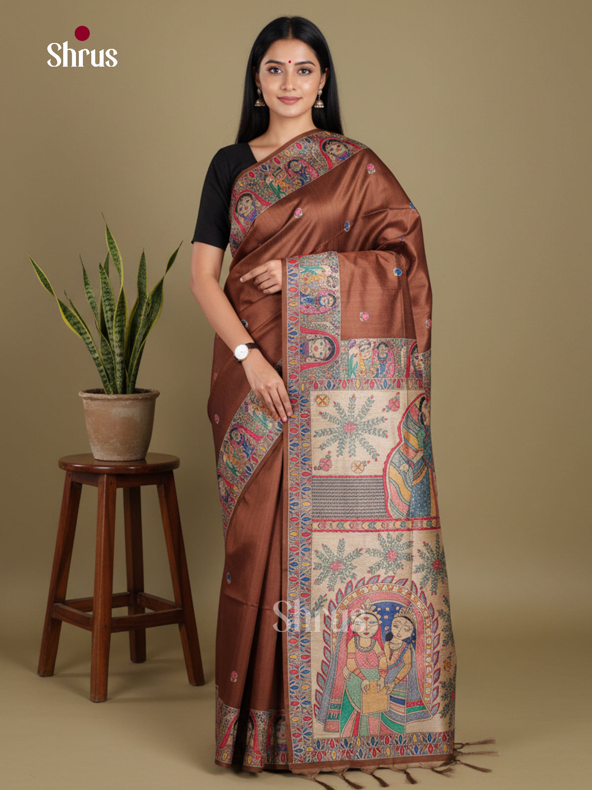 Brown - Printed Madhubani Saree