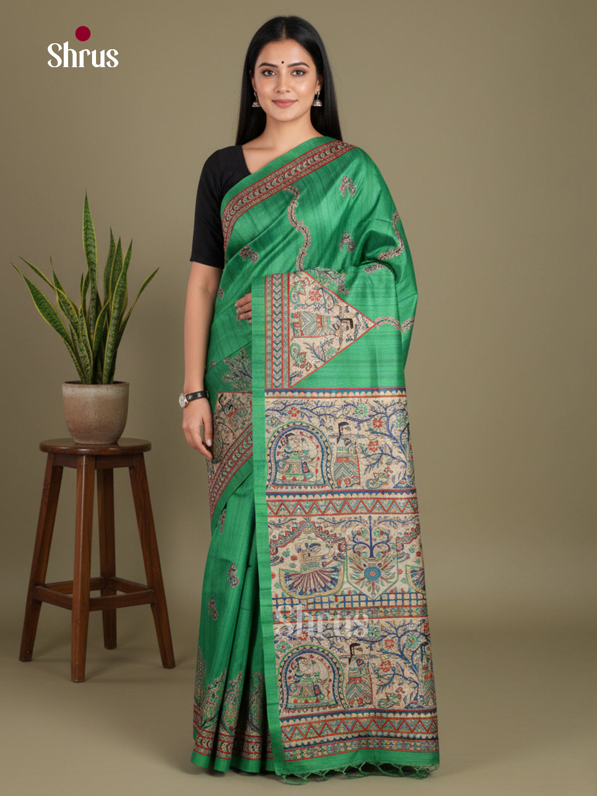 Green- Printed Madhubani Saree