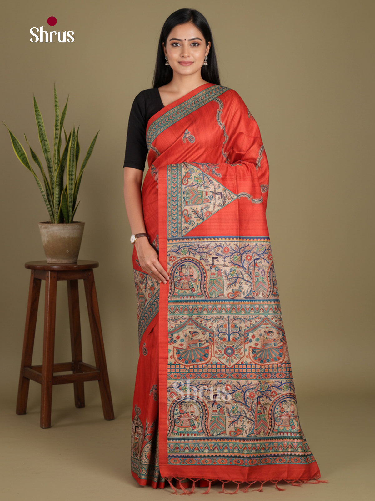 Red - Printed Madhubani Saree
