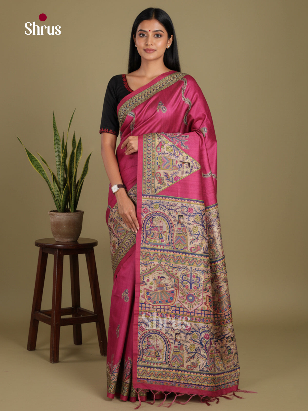 Maroon- Printed Madhubani Saree