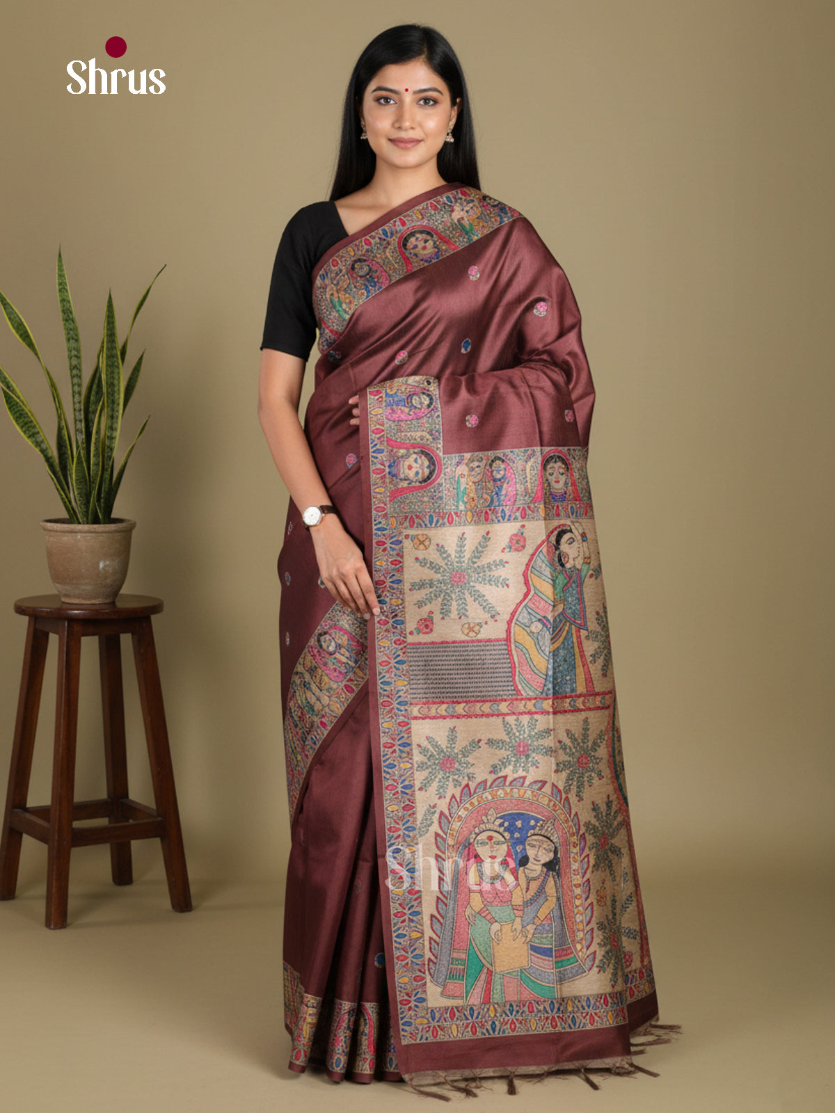 Brown - Printed Madhubani Saree