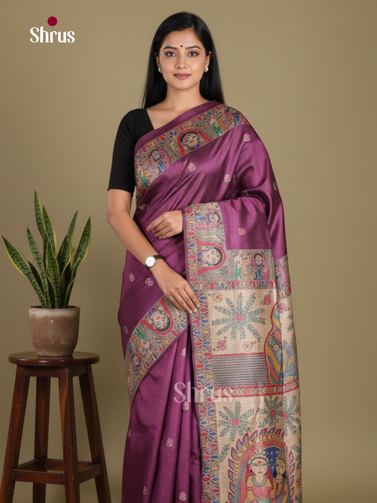 Purple - Printed Madhubani Saree
