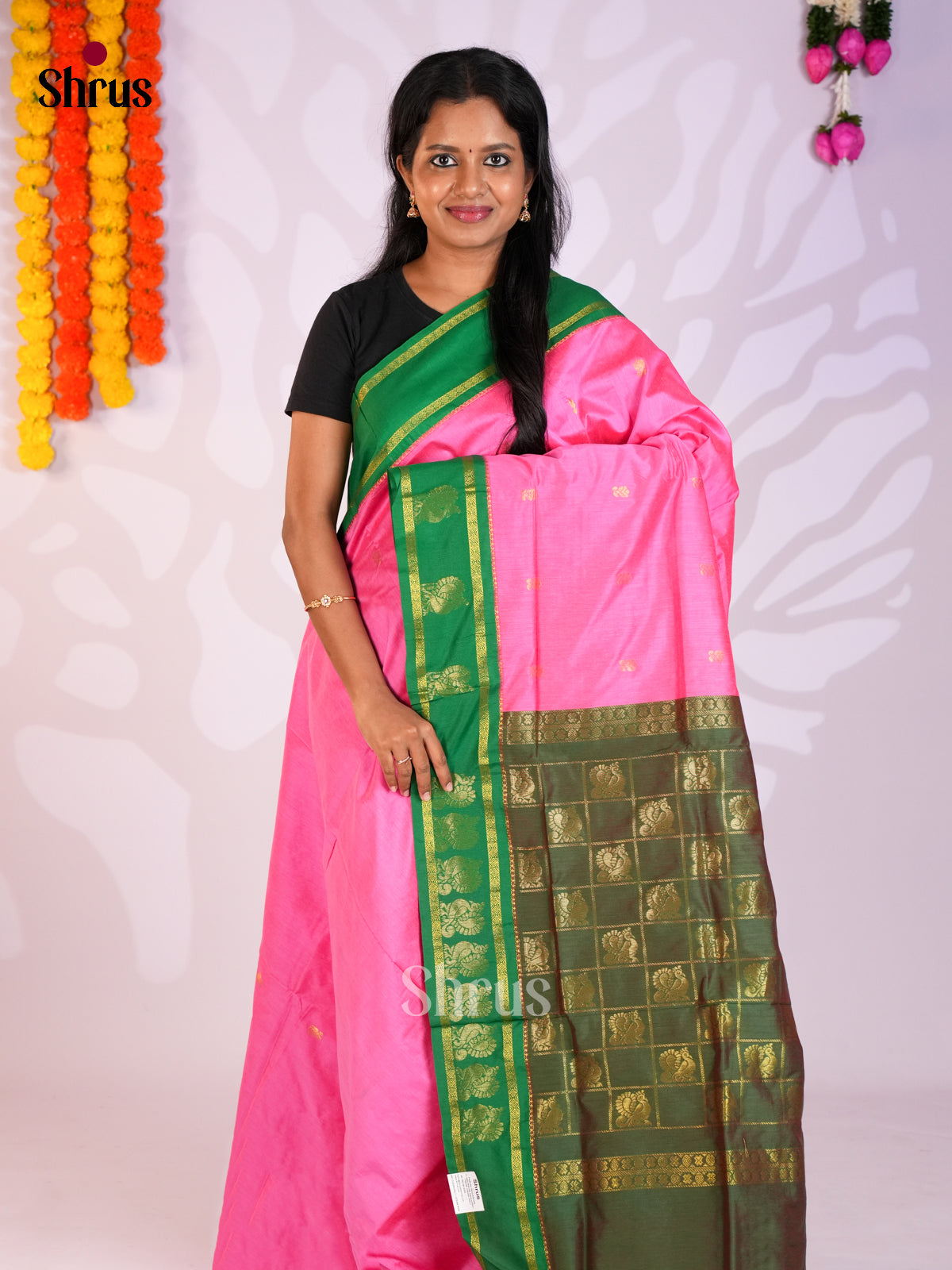 Pink & Green - Kalyani Cotton Saree - Shop on Shrus.com