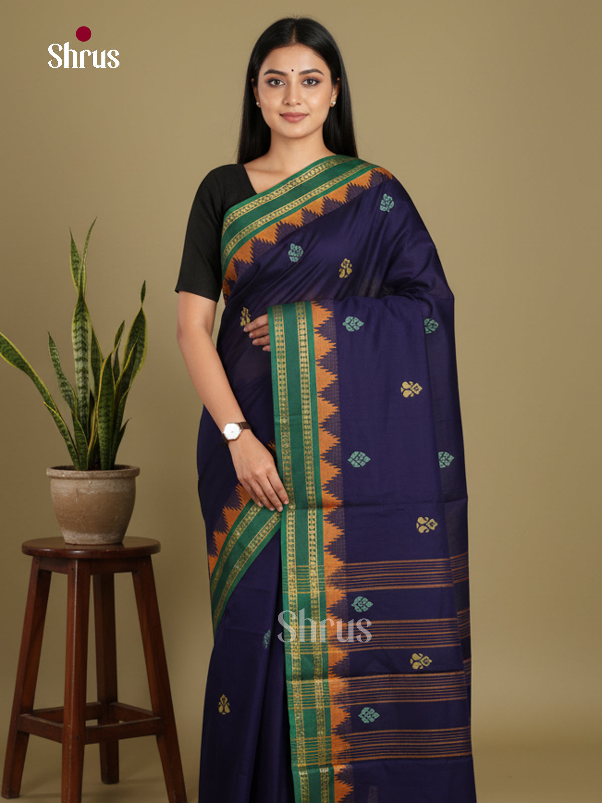 Blue & Green - Chettinad Mix Cotton-Without Blouse Saree