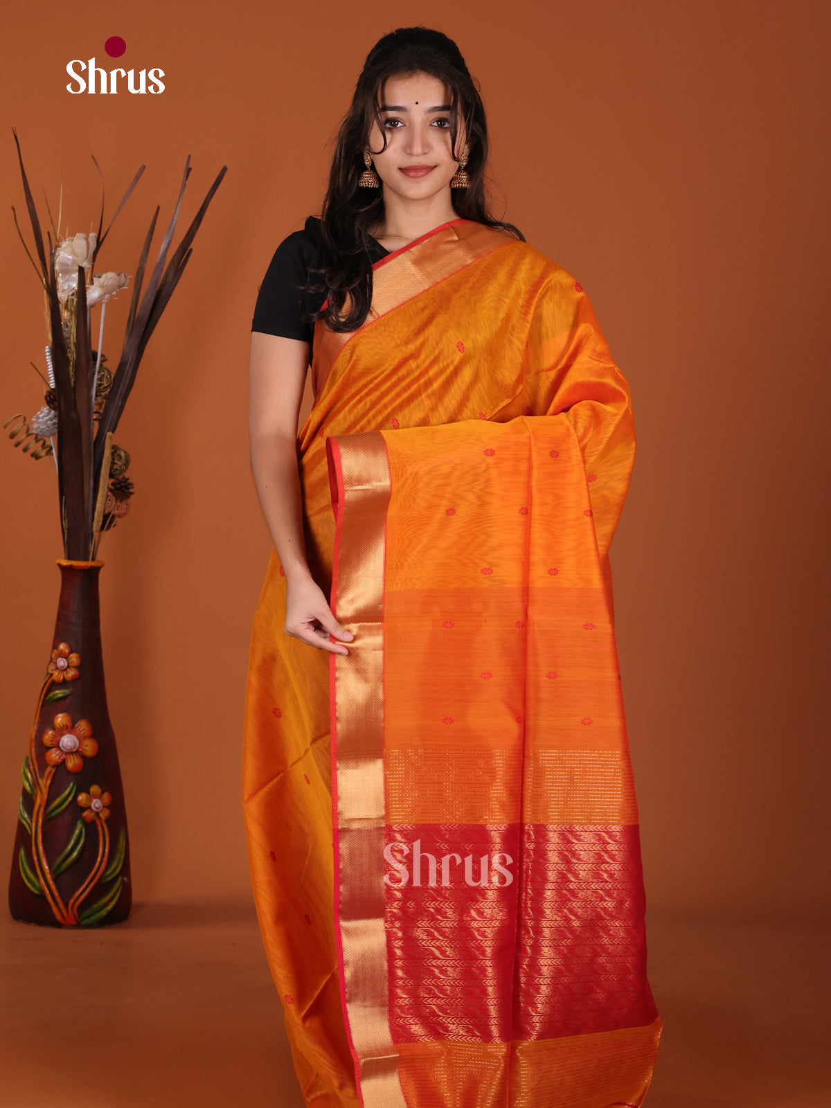 Luminous Mustard & Red Maheshwari silkcotton Saree with thread woven buttas & zari Border
