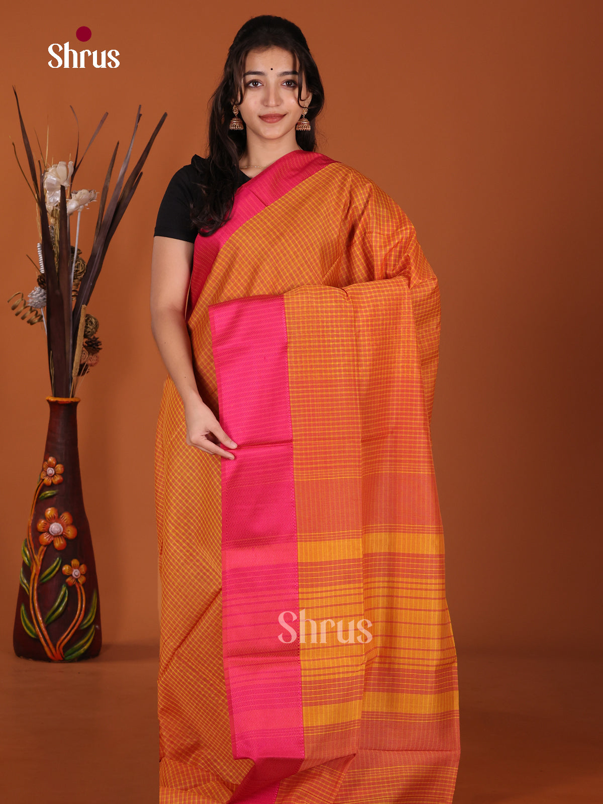 Bright Mustard & Pink Maheshwari silkcotton Saree with checkered pattern