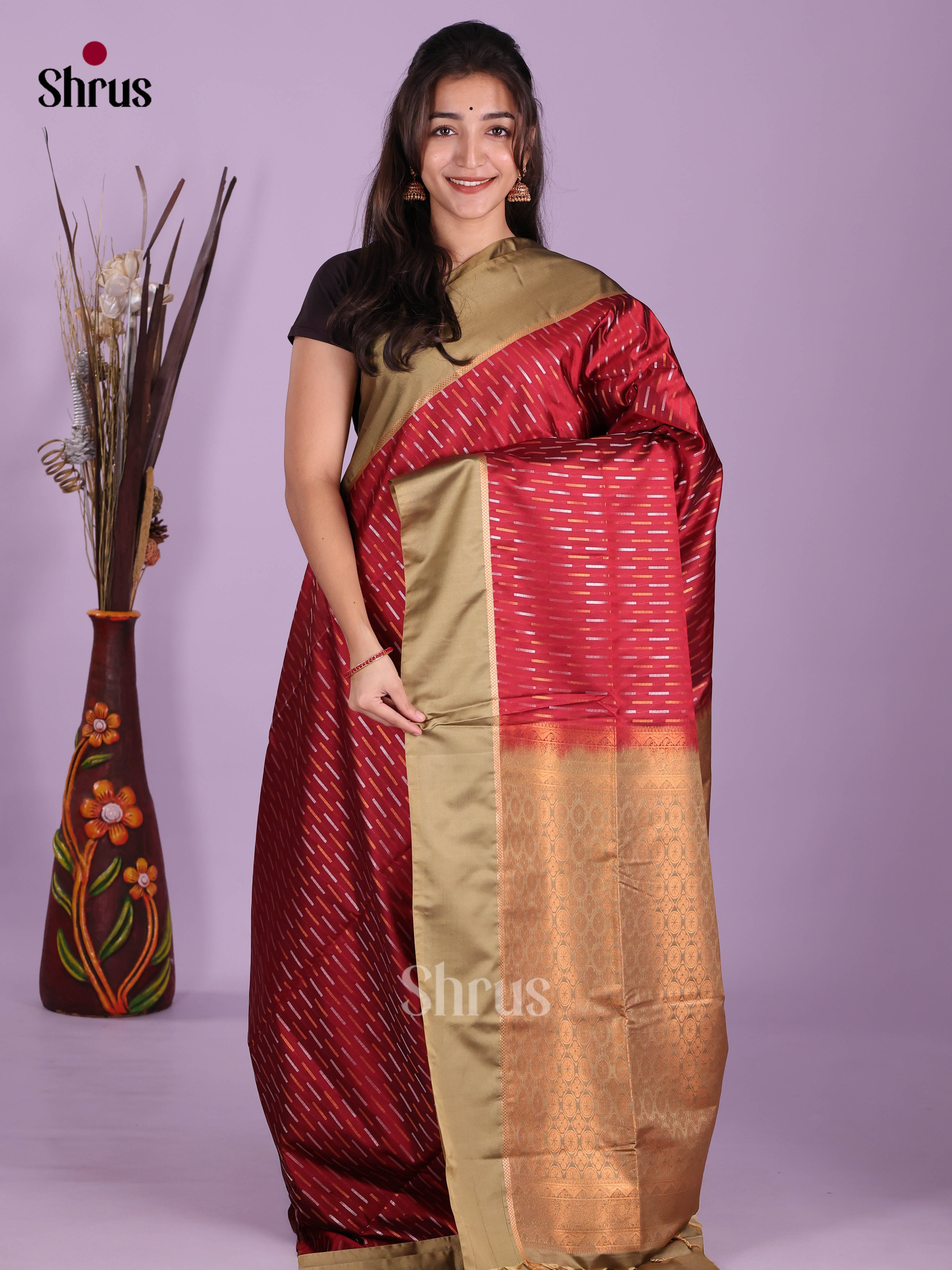 Maroon & Grey - Semi Softsilk Saree