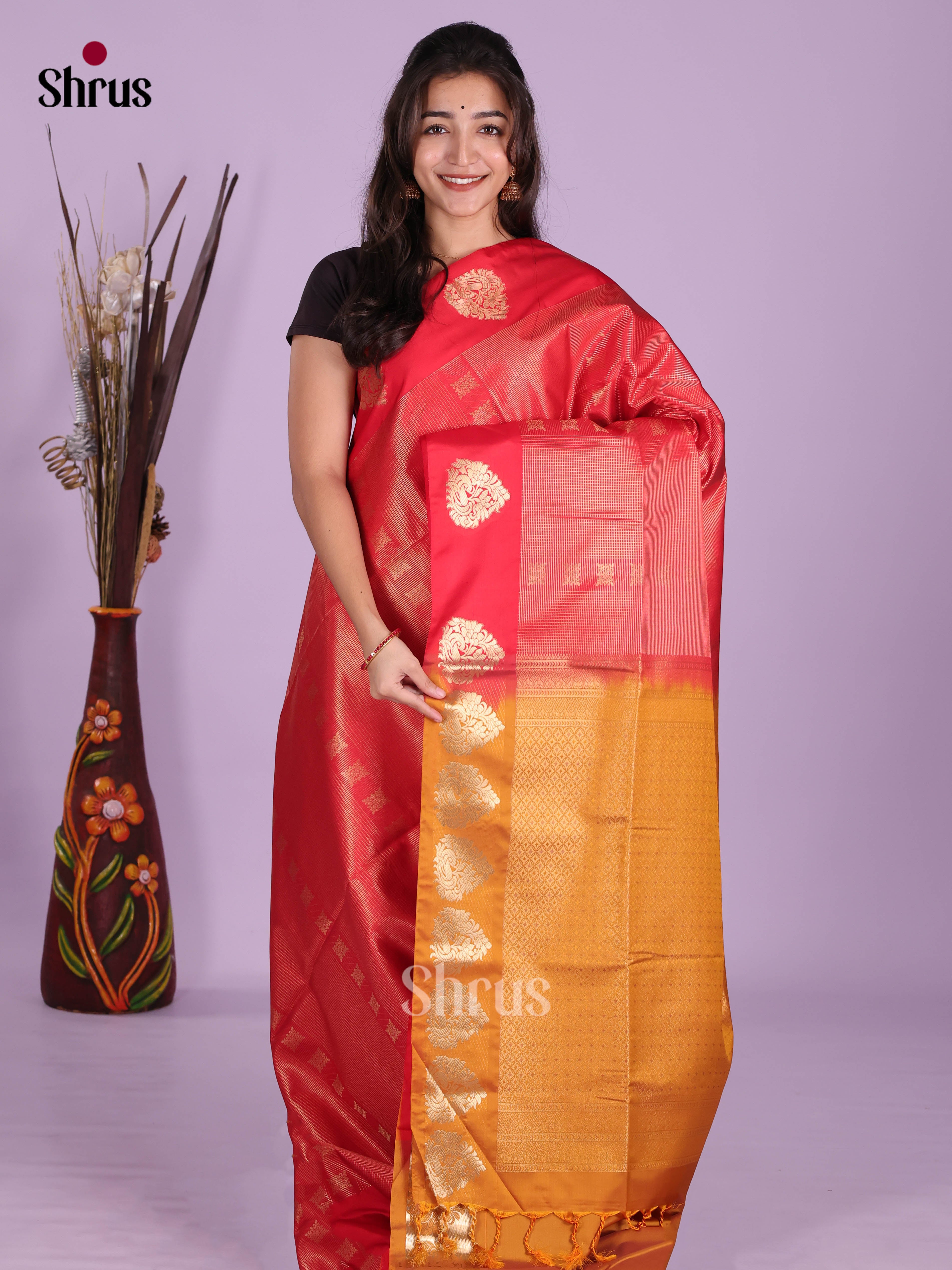 Red & Mustard - Semi Softsilk Saree