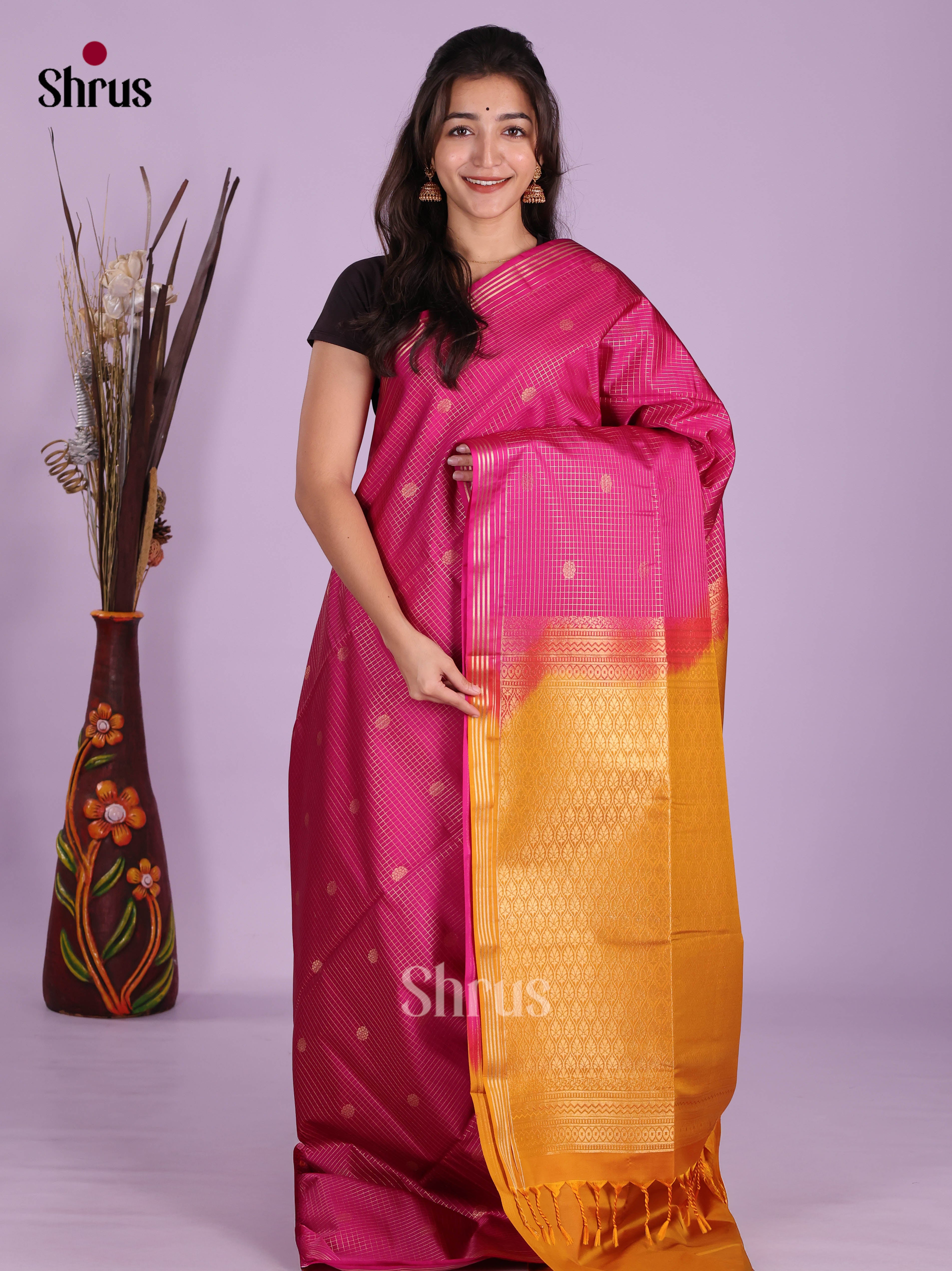 Pink & Mustard - Semi Softsilk Saree - Shop on Shrus.com
