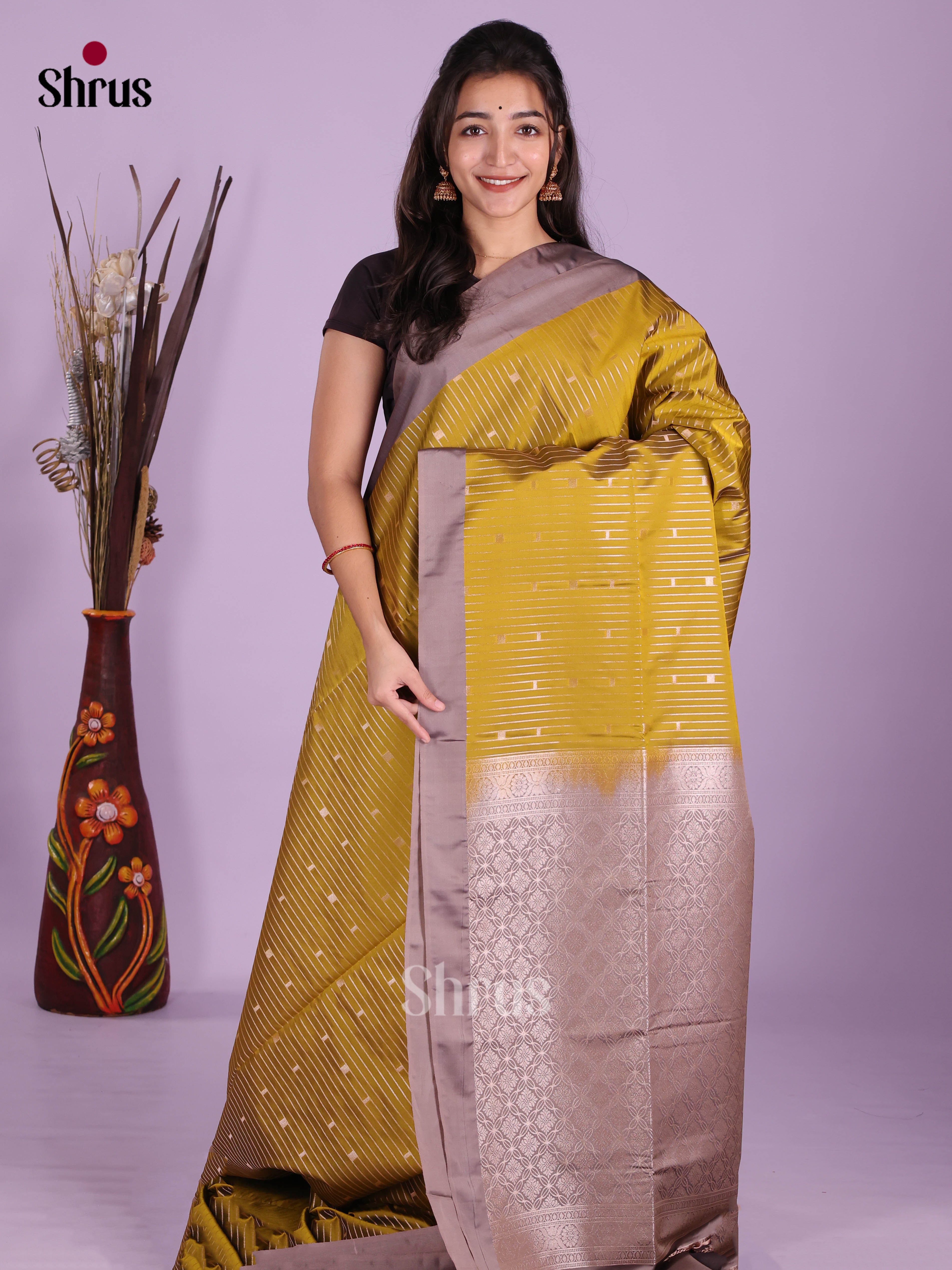 Mustardy Green & Grey - Semi Softsilk Saree