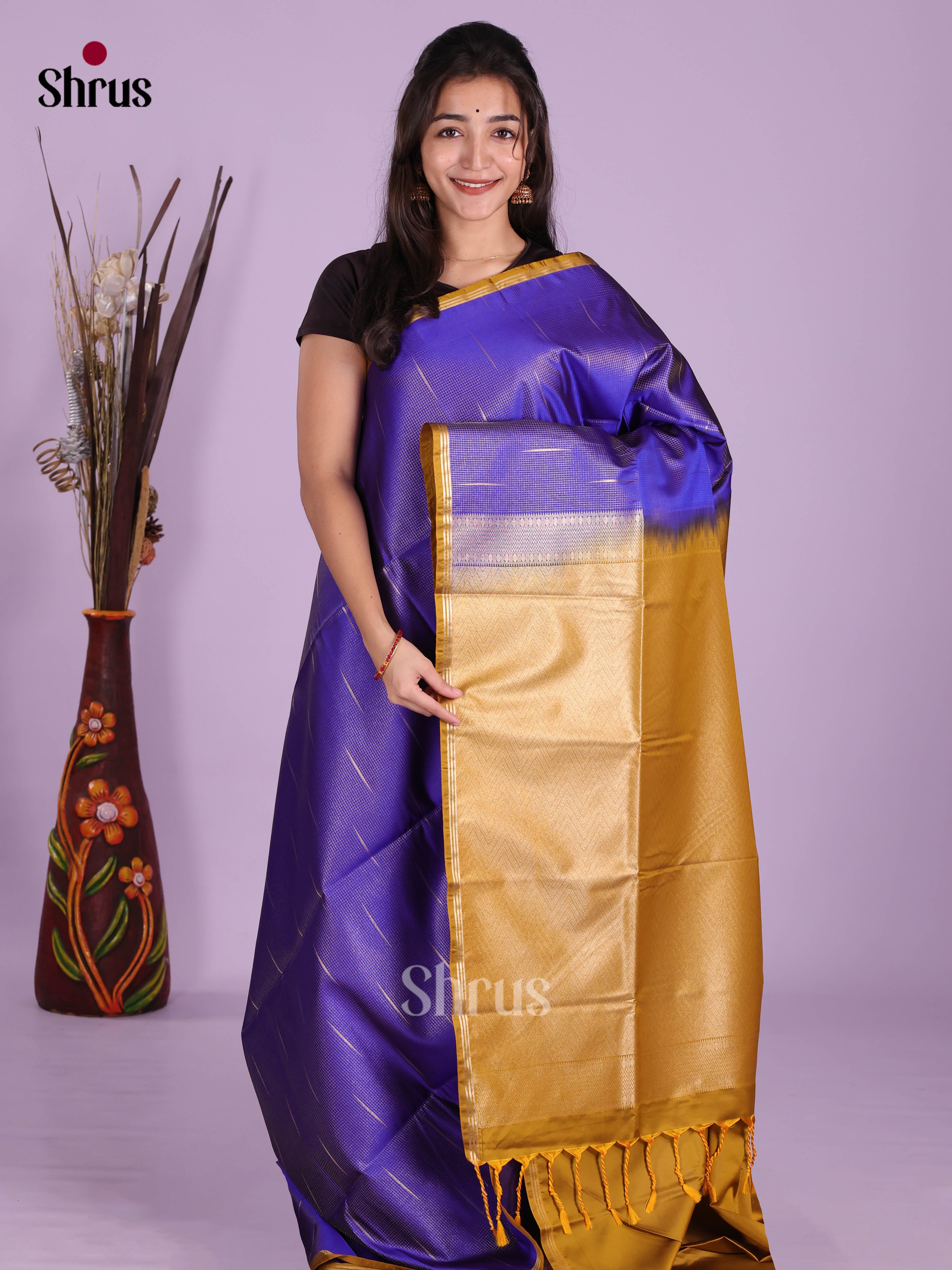 Blue & Mustard - Semi Softsilk Saree
