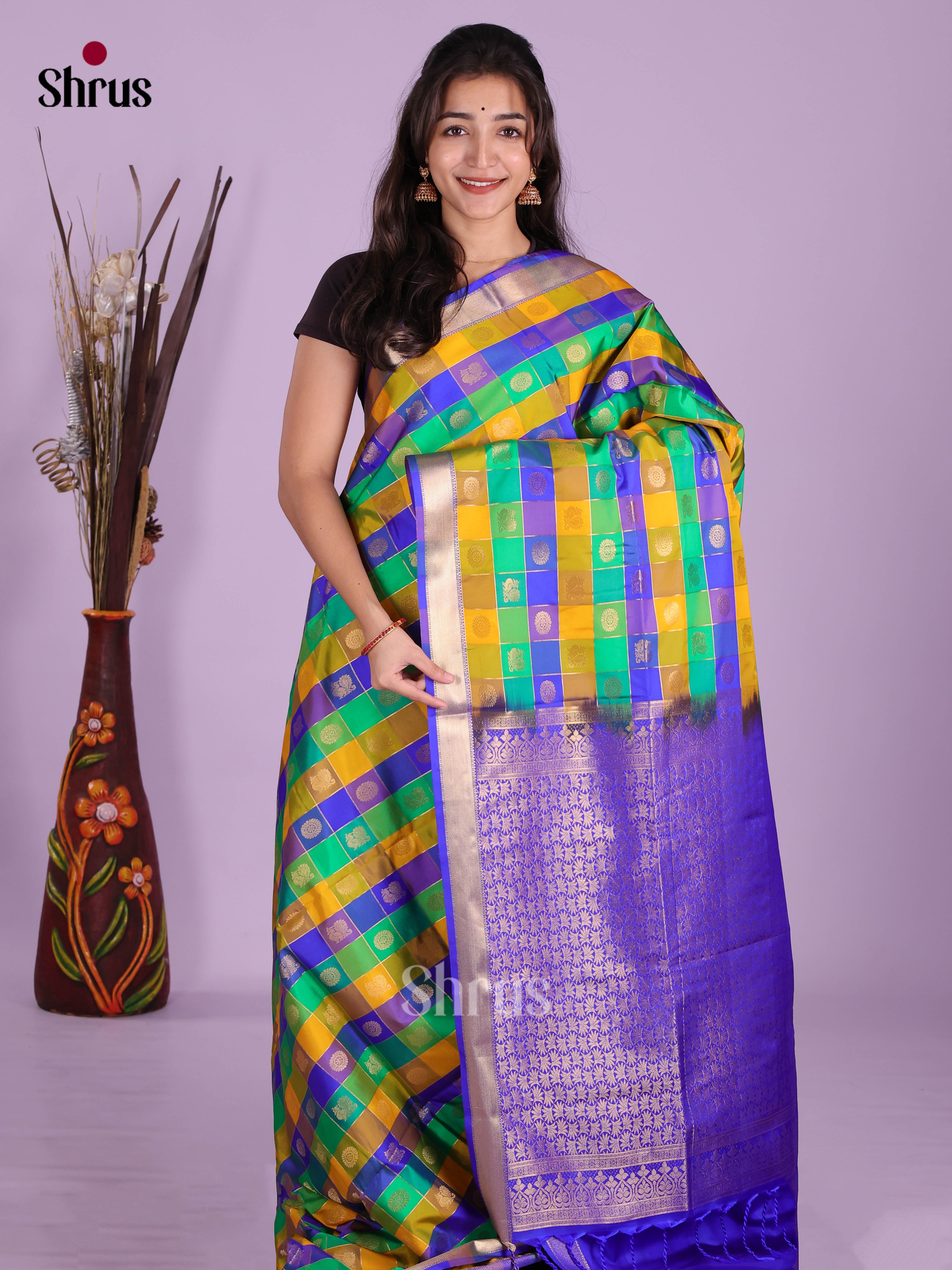 Green & Blue - Semi Softsilk Saree - Shop on Shrus.com