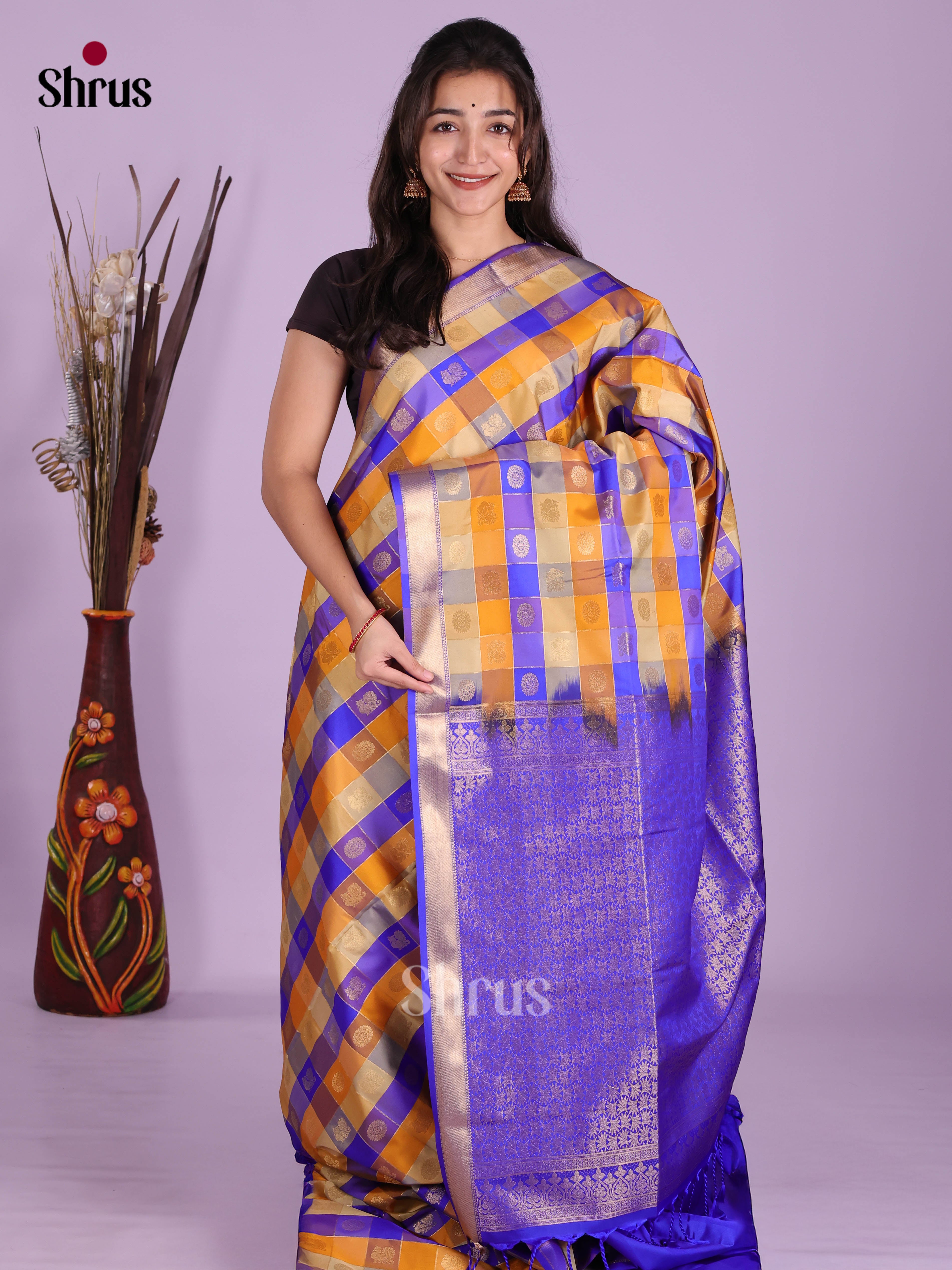 Mustard & Blue - Semi Softsilk Saree