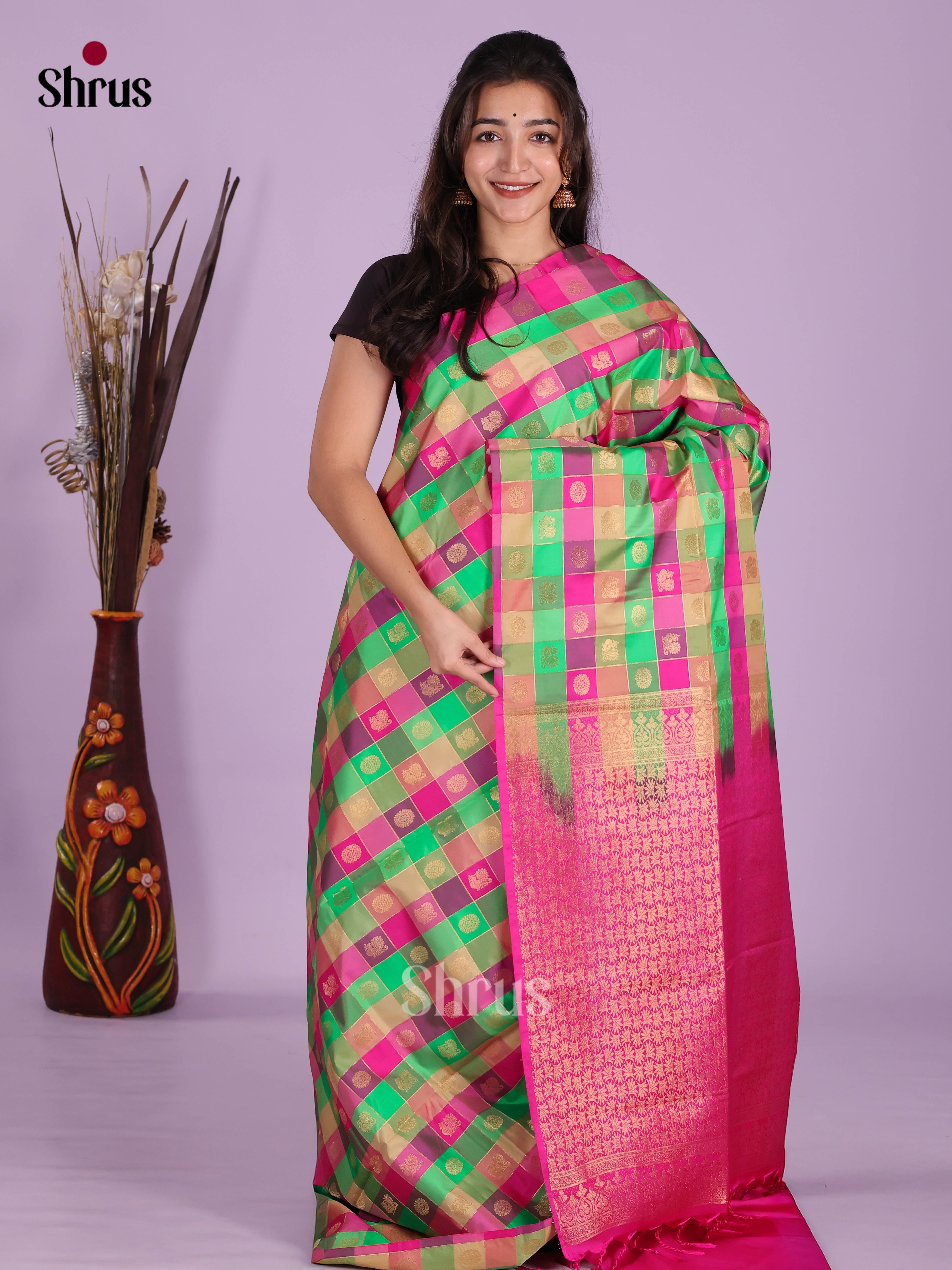 Green & Pink- Semi Softsilk Saree