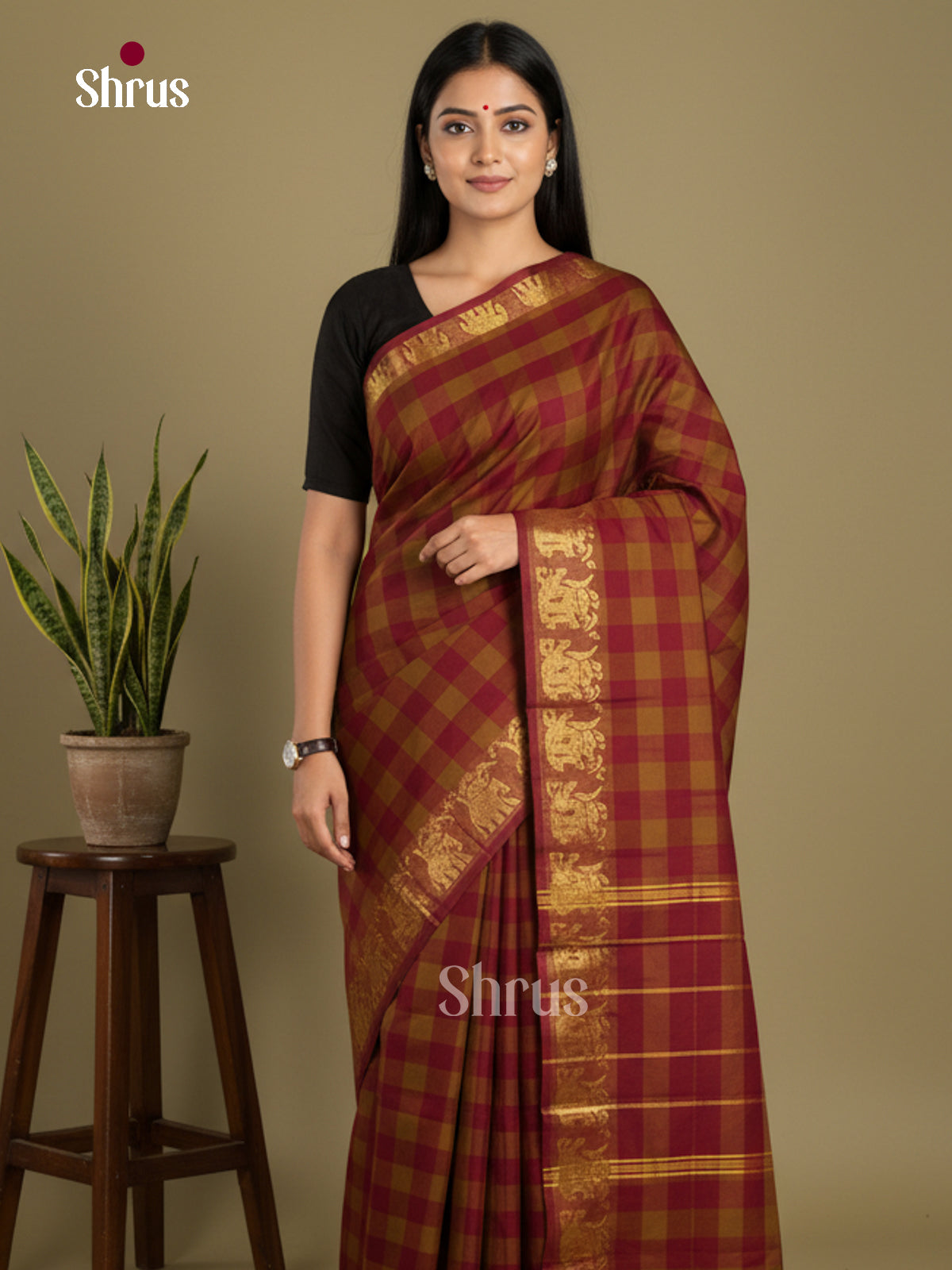 Maroon & Mustard - Chettinad Mix Cotton-Without Blouse Saree