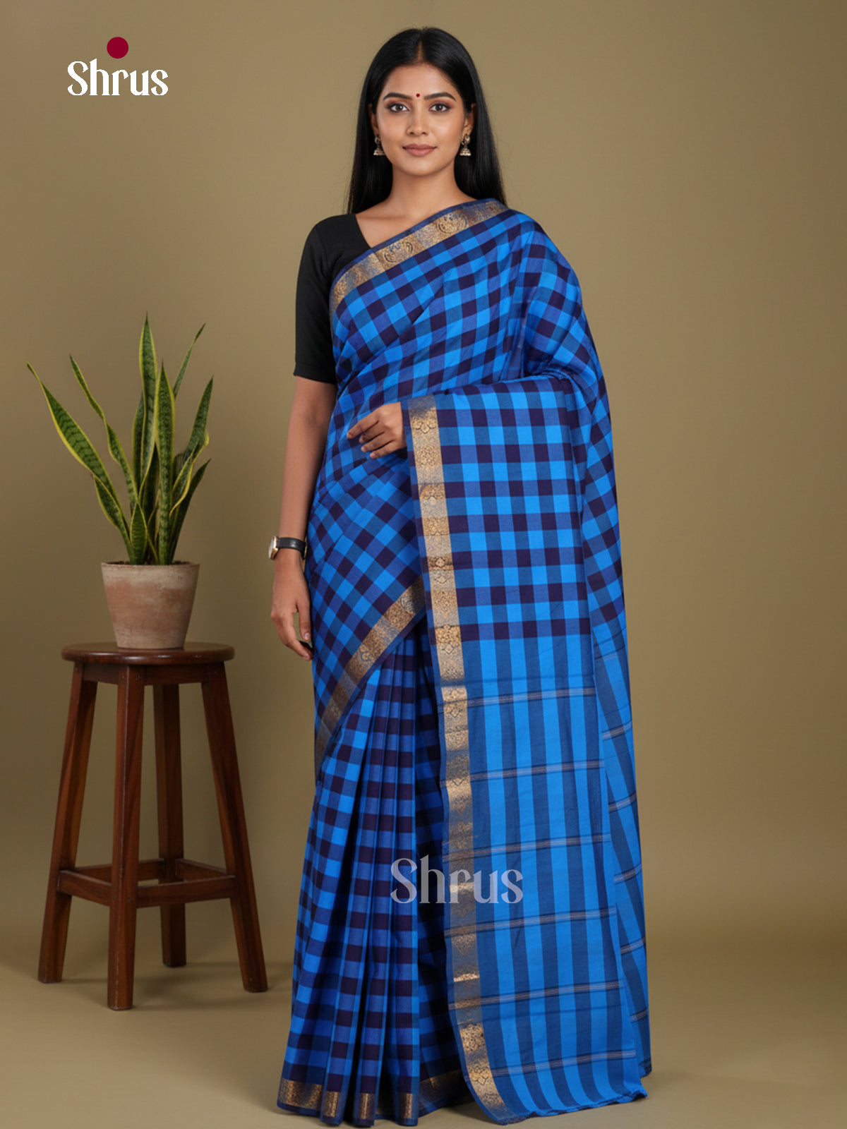 Light & Dark Blue - Chettinad Mix Cotton-Without Blouse Saree