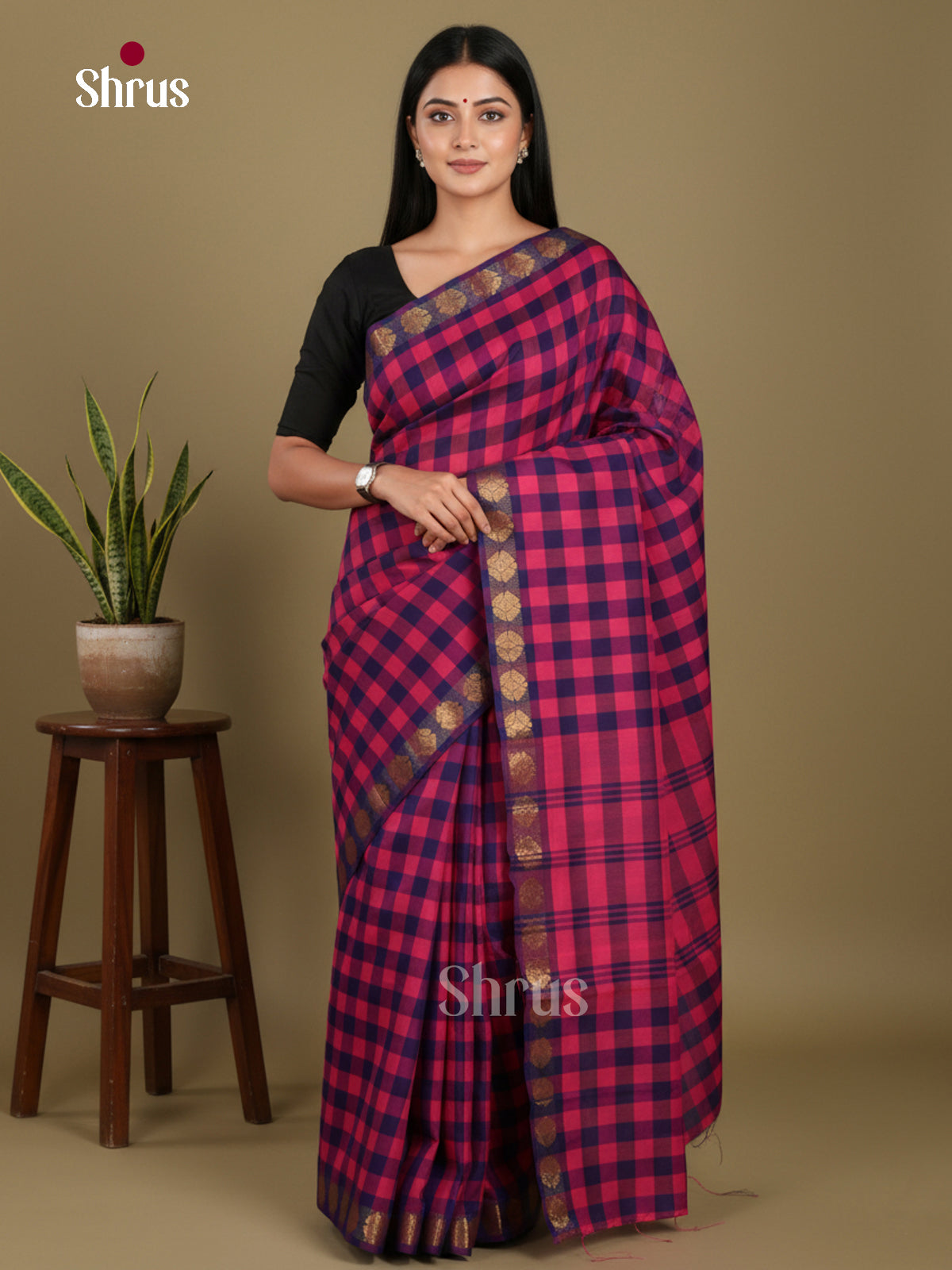 Pink & Blue- Chettinad Mix Cotton-Without Blouse Saree - Shop on Shrus.com