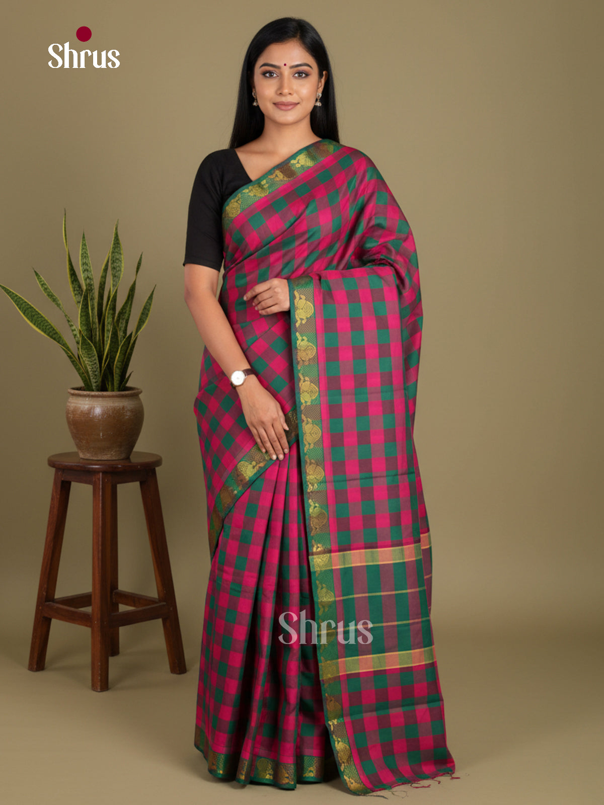 Pink & Green - Chettinad Mix Cotton-Without Blouse Saree