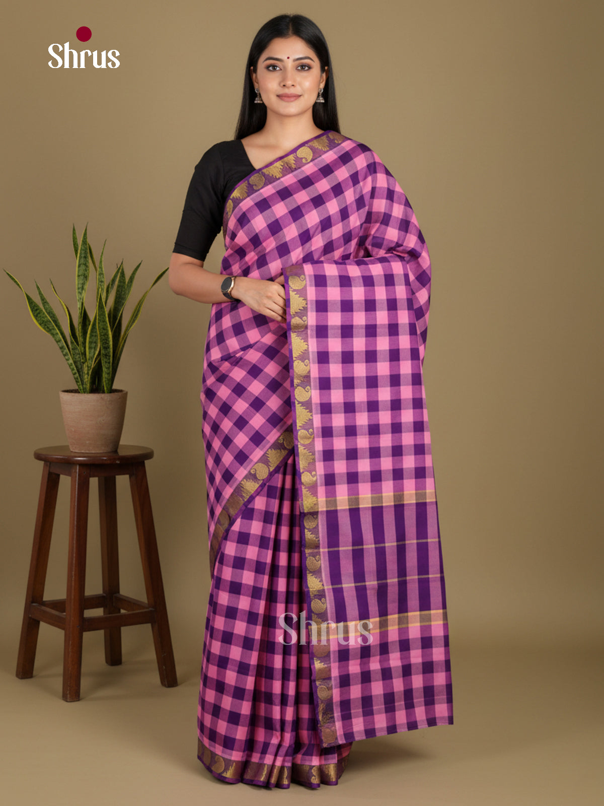Pink & Violet - Chettinad Mix Cotton-Without Blouse Saree