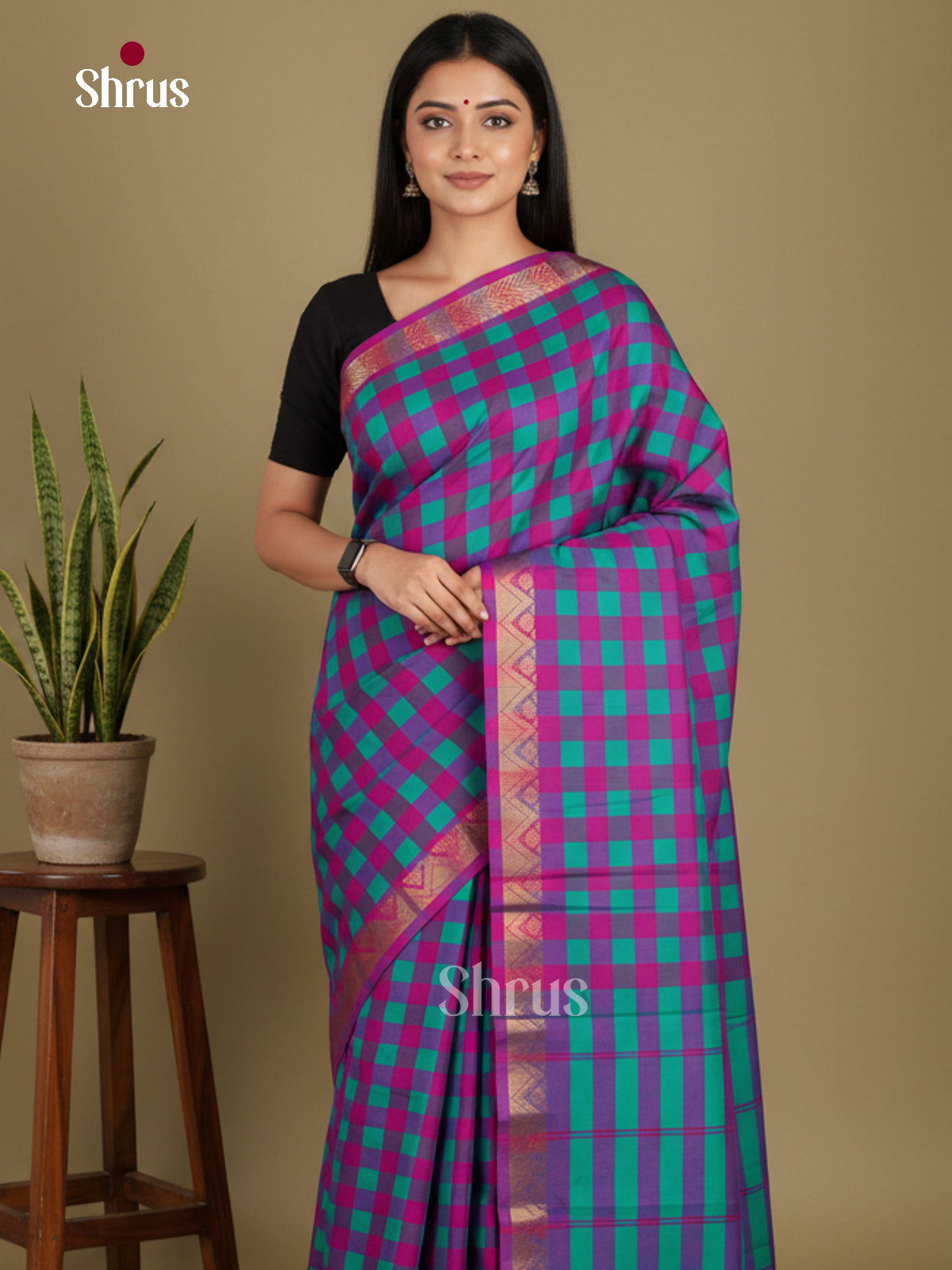 Blue & Purple - Chettinad Mix Cotton-Without Blouse Saree