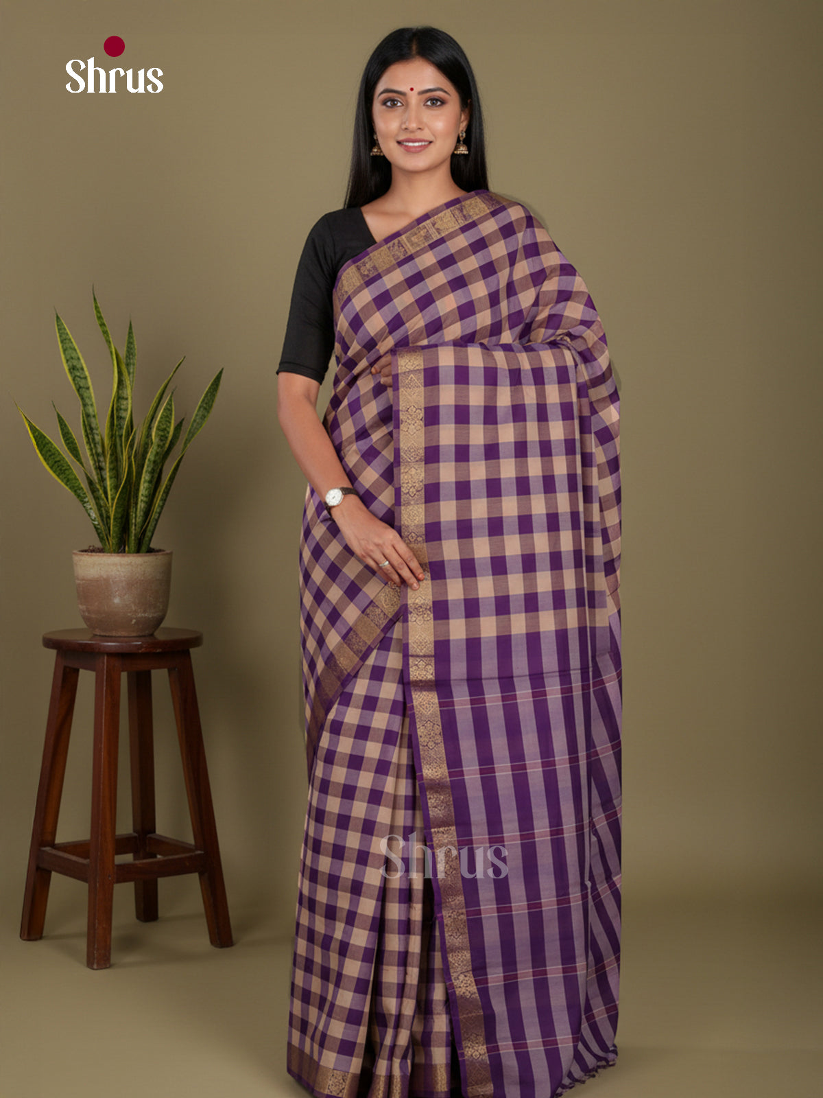 Violet & Beige - Chettinad Mix Cotton-Without Blouse Saree