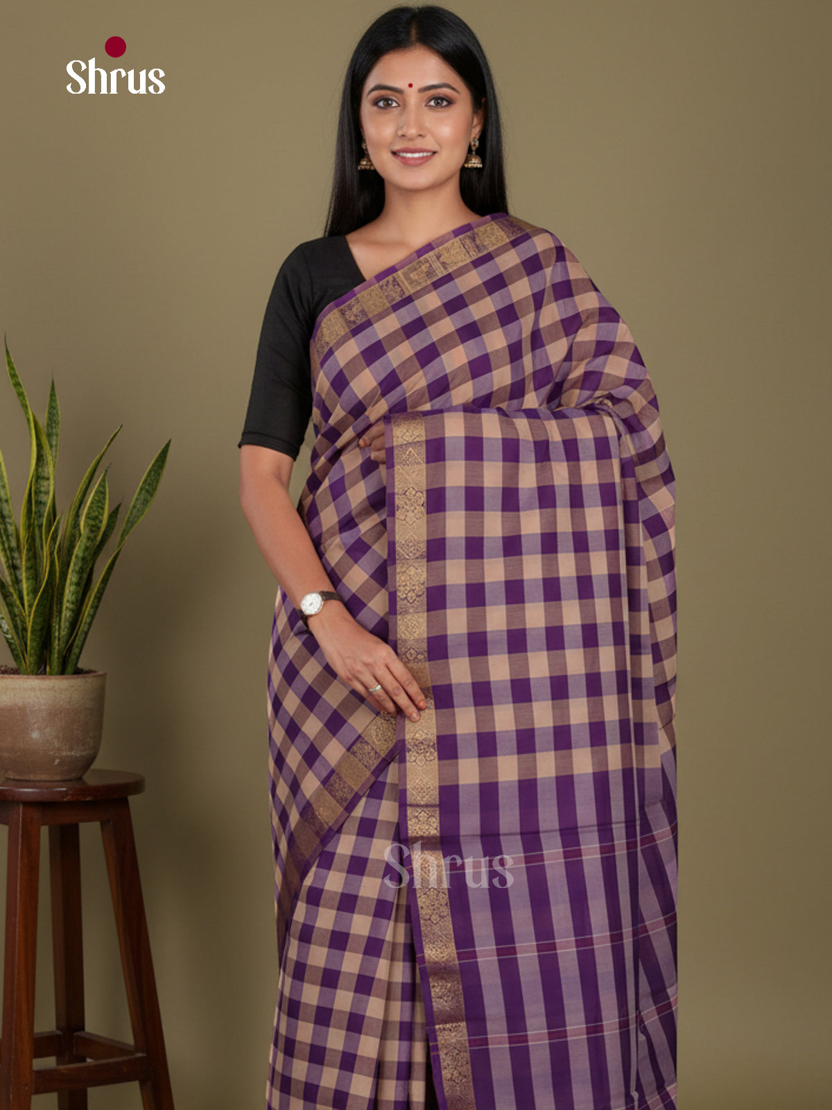 Violet & Beige - Chettinad Mix Cotton-Without Blouse Saree