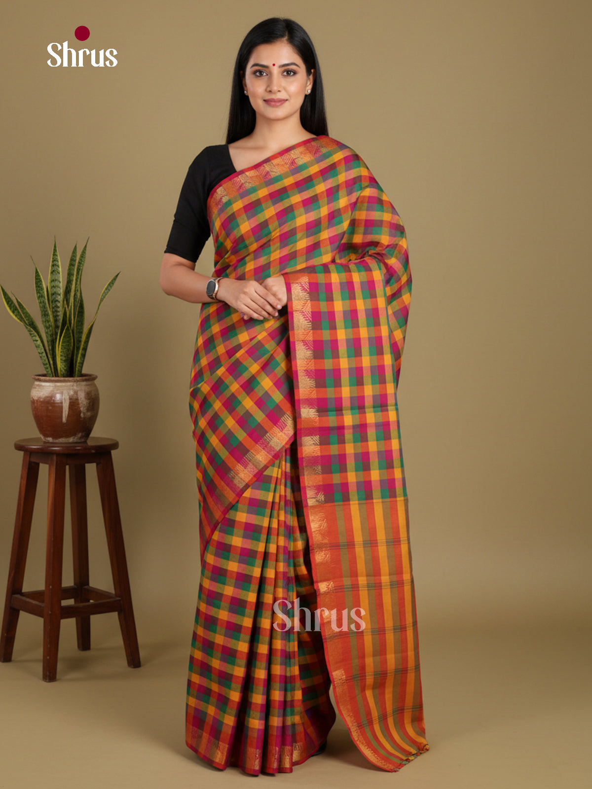 Mustard & Pink - Chettinad Mix Cotton-Without Blouse Saree