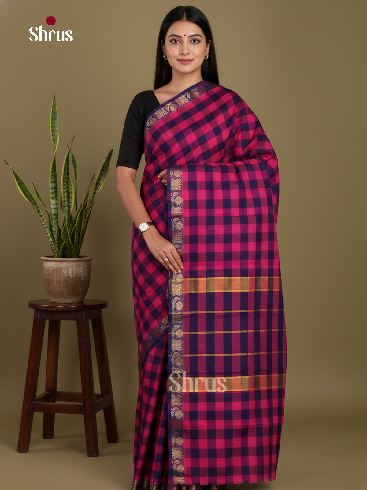 Pink & Blue - Chettinad Mix Cotton-Without Blouse Saree