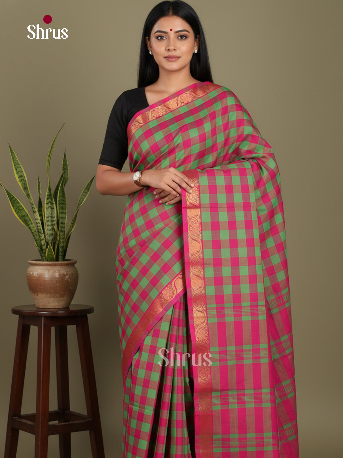 Pink & Green - Chettinad Mix Cotton-Without Blouse Saree