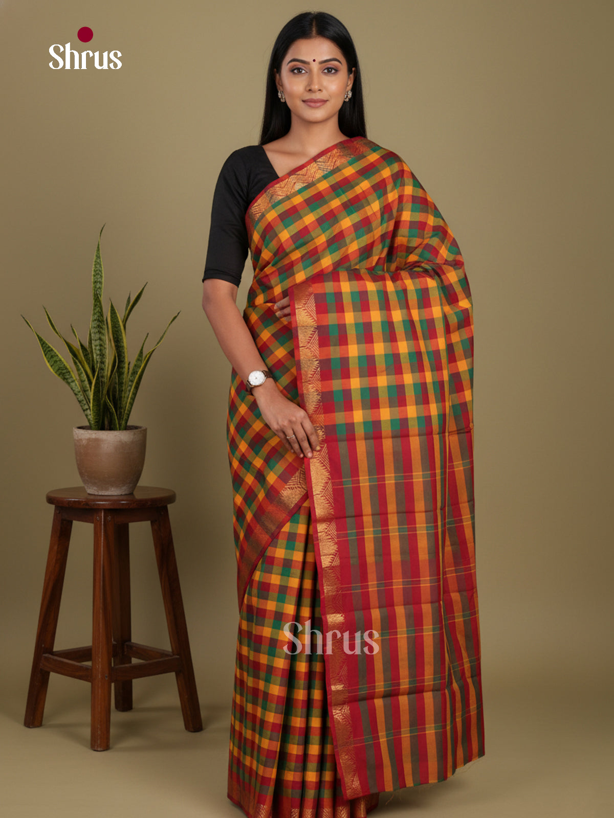 Mustard & Red- Chettinad Mix Cotton-Without Blouse Saree