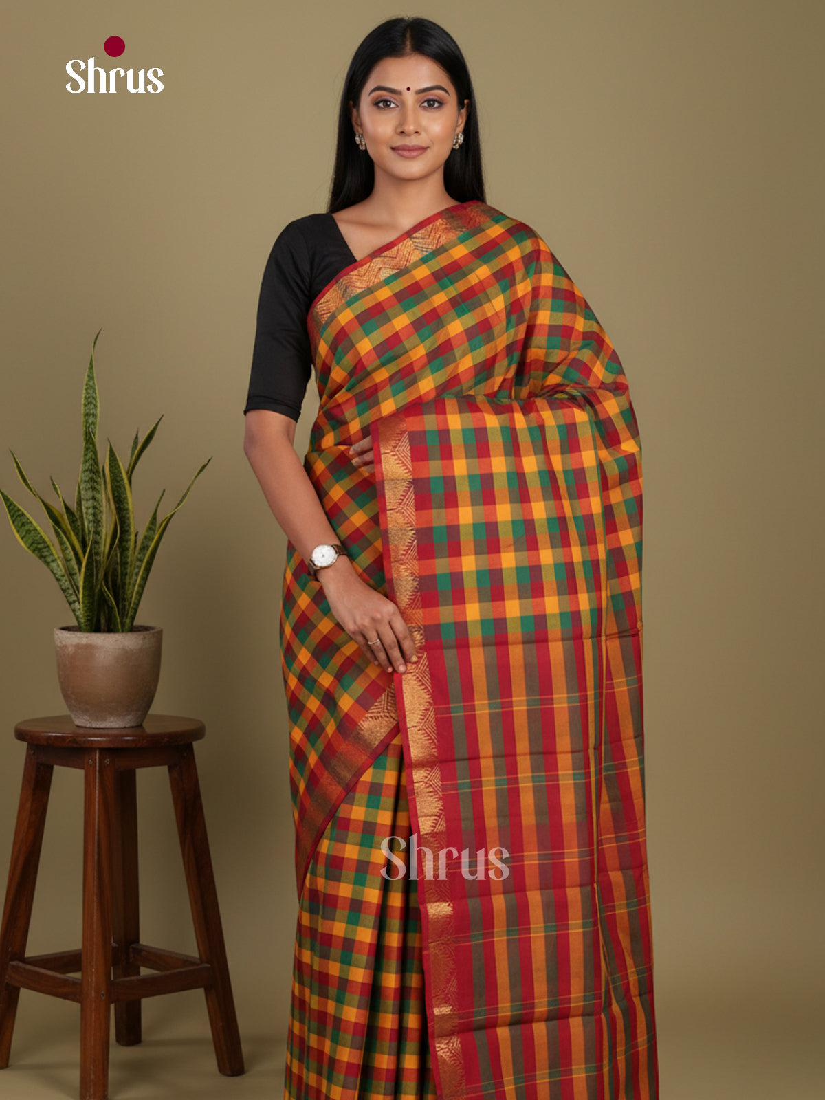 Mustard & Red- Chettinad Mix Cotton-Without Blouse Saree