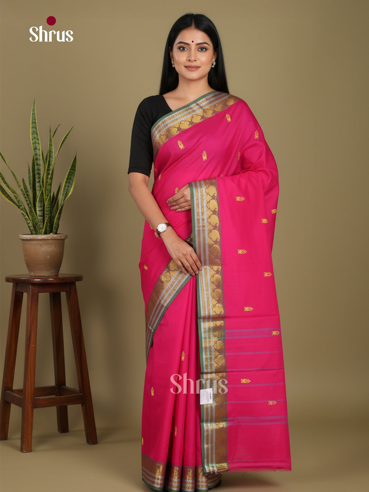 Pink & Green - Chettinad Mix Cotton-Without Blouse Saree