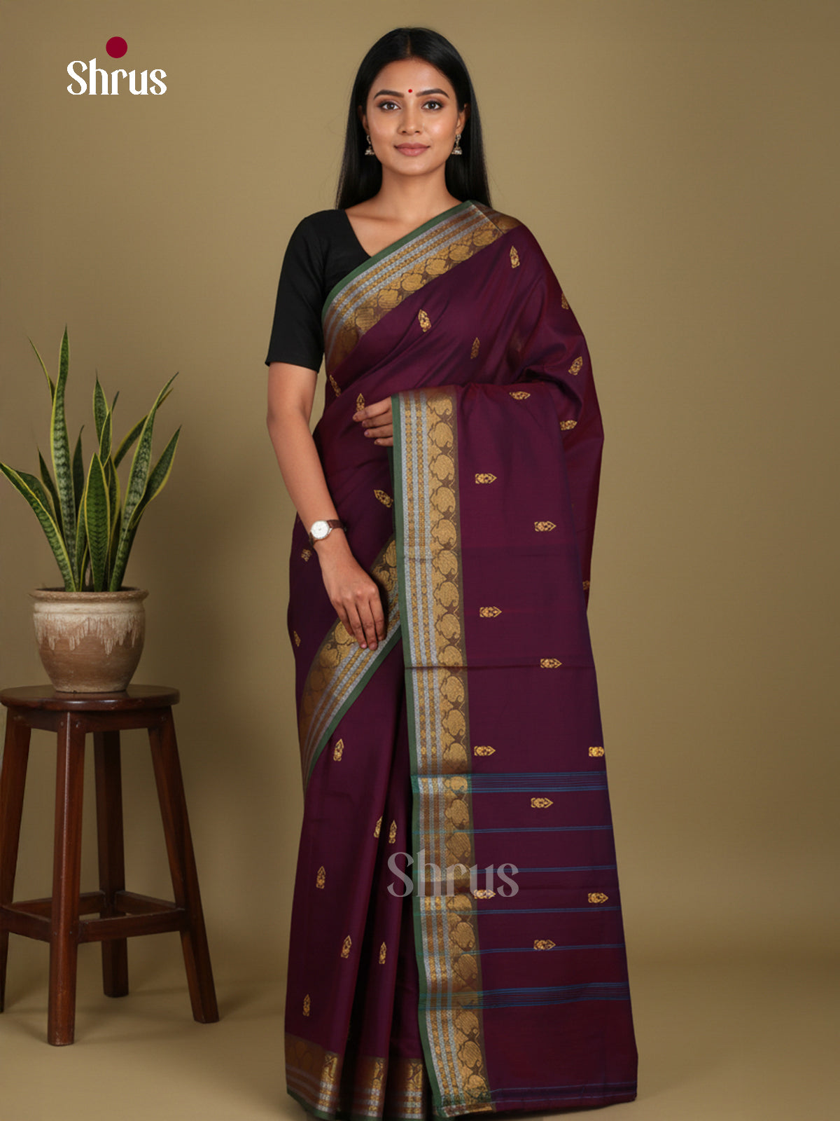 Purple & Green- Chettinad Mix Cotton-Without Blouse Saree