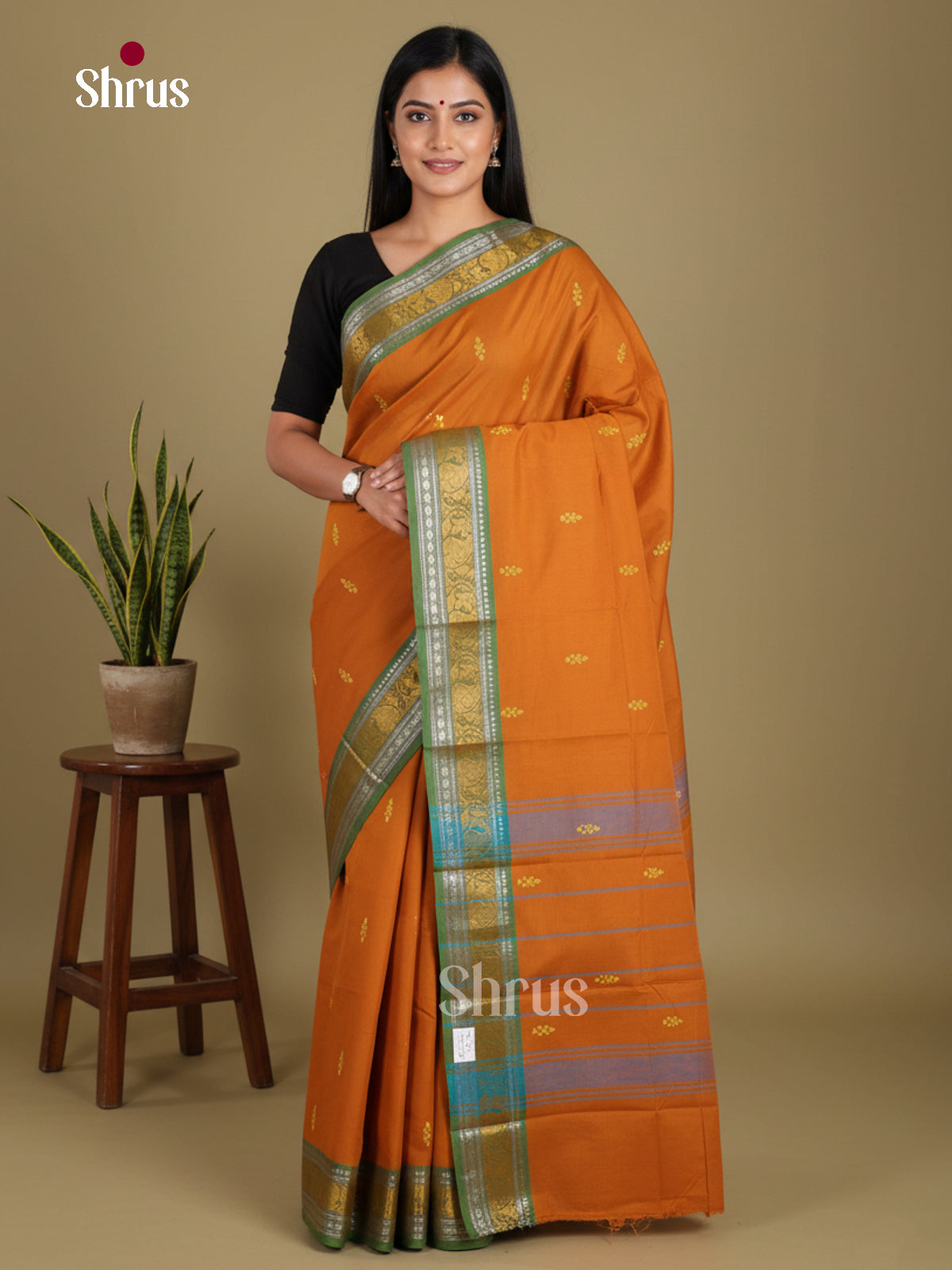 Mustard & Green - Chettinad Mix Cotton-Without Blouse Saree
