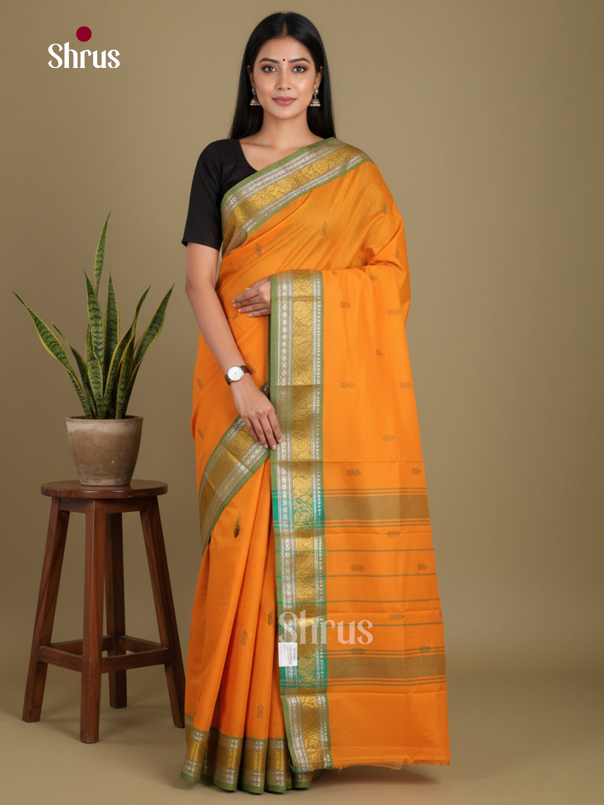 Mustard & Green - Chettinad Mix Cotton-Without Blouse Saree